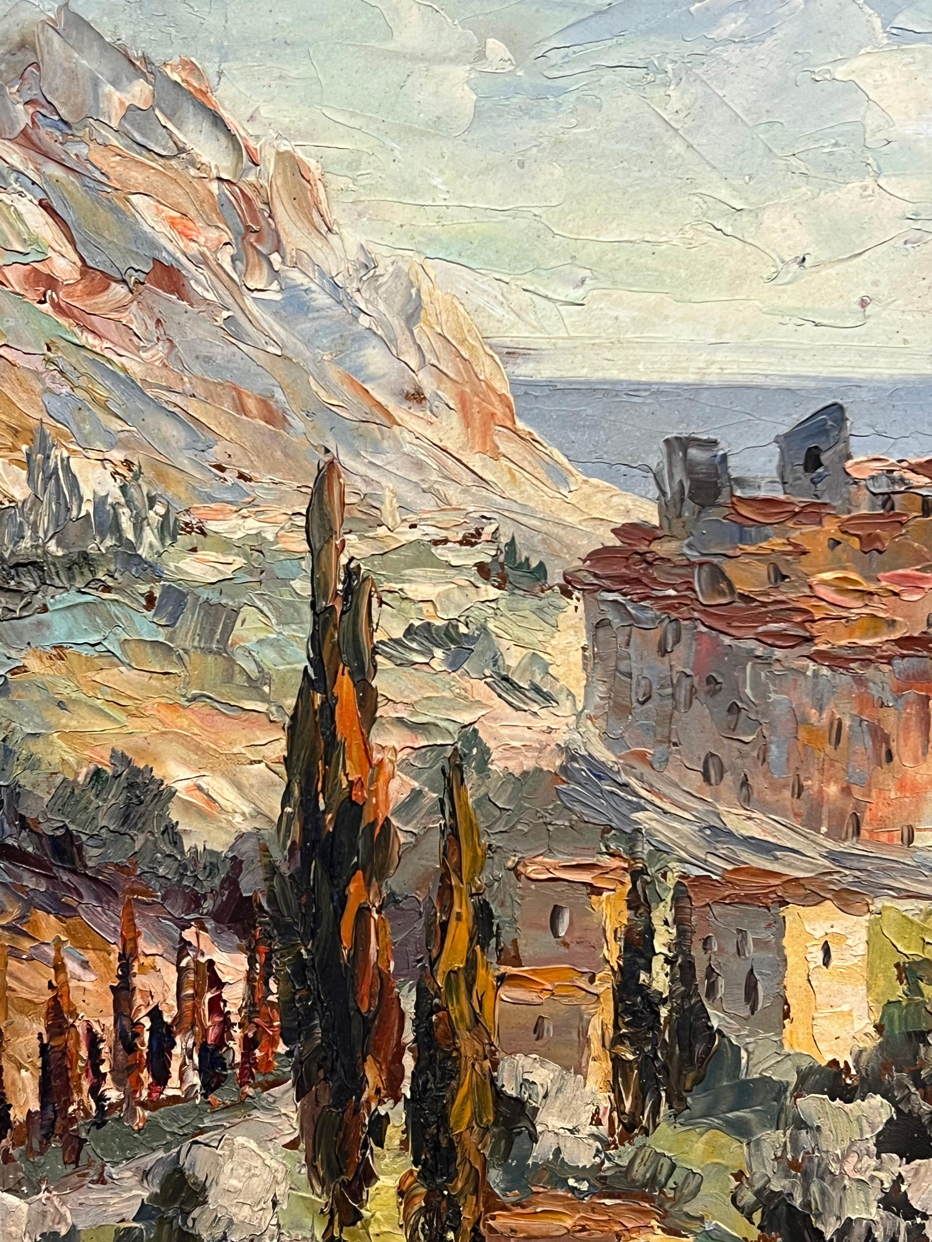 Pueblo mediterráneo iluminado por el sol, Provenza
óleo sobre tabla firmado, enmarcado
Enmarcado: 16 x 14 pulgadas
Tablero : 10,5 x 9 pulgadas
verso de la inscripción
Procedencia: colección privada, París
Estado: muy buen estado

Descripción:
Este