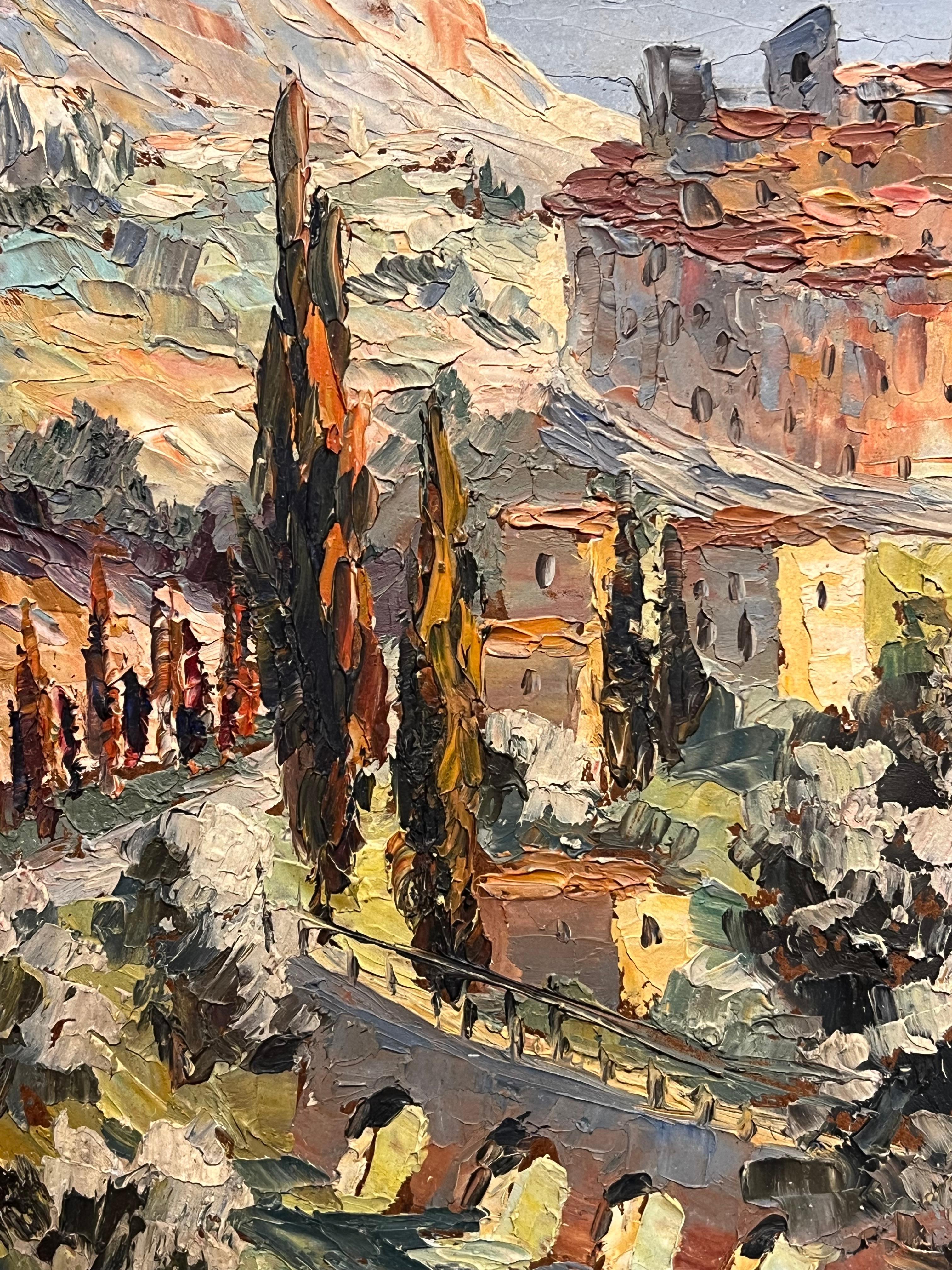 Vintage Mediterranean Hill Village Pintura al óleo impresionista Paisaje provenzal en venta 1