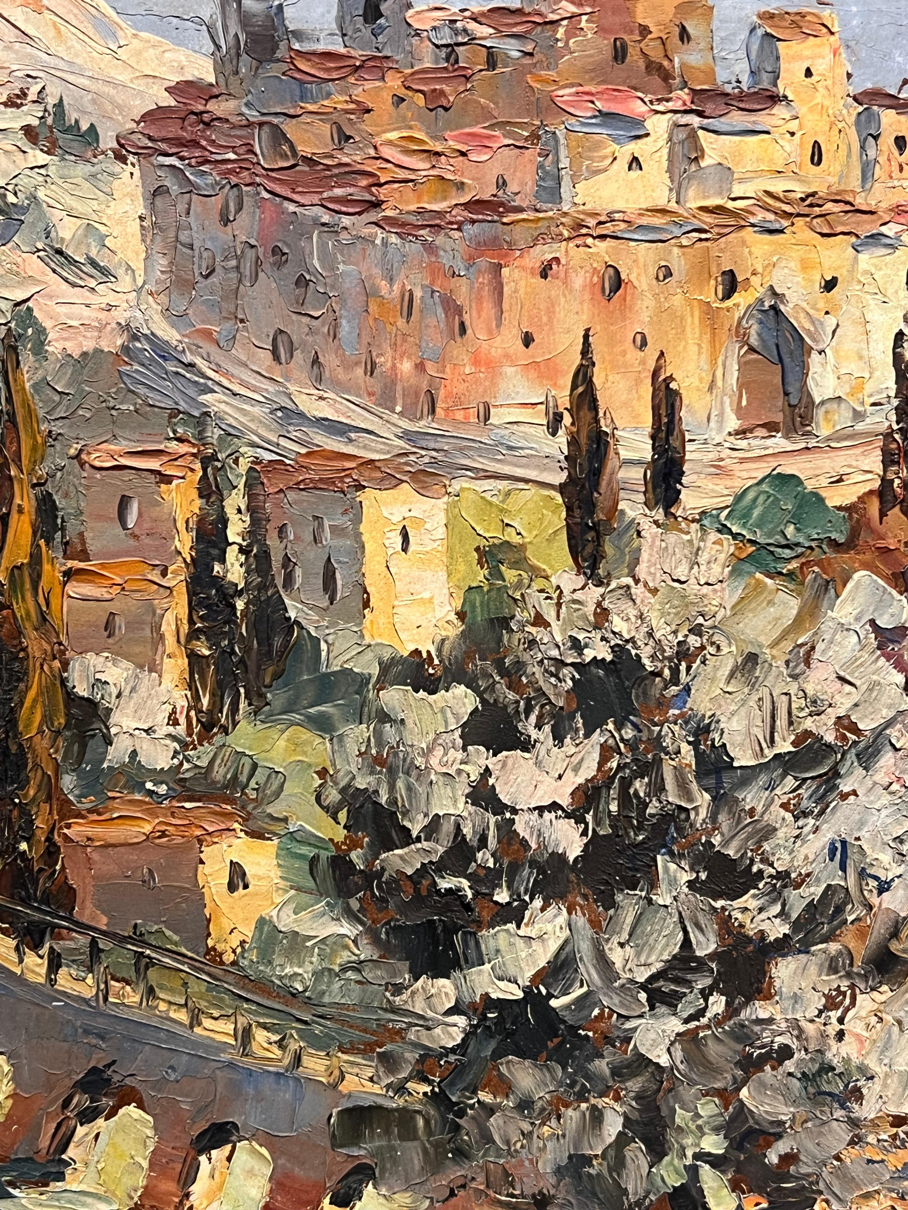 Vintage Mediterranean Hill Village Pintura al óleo impresionista Paisaje provenzal en venta 2