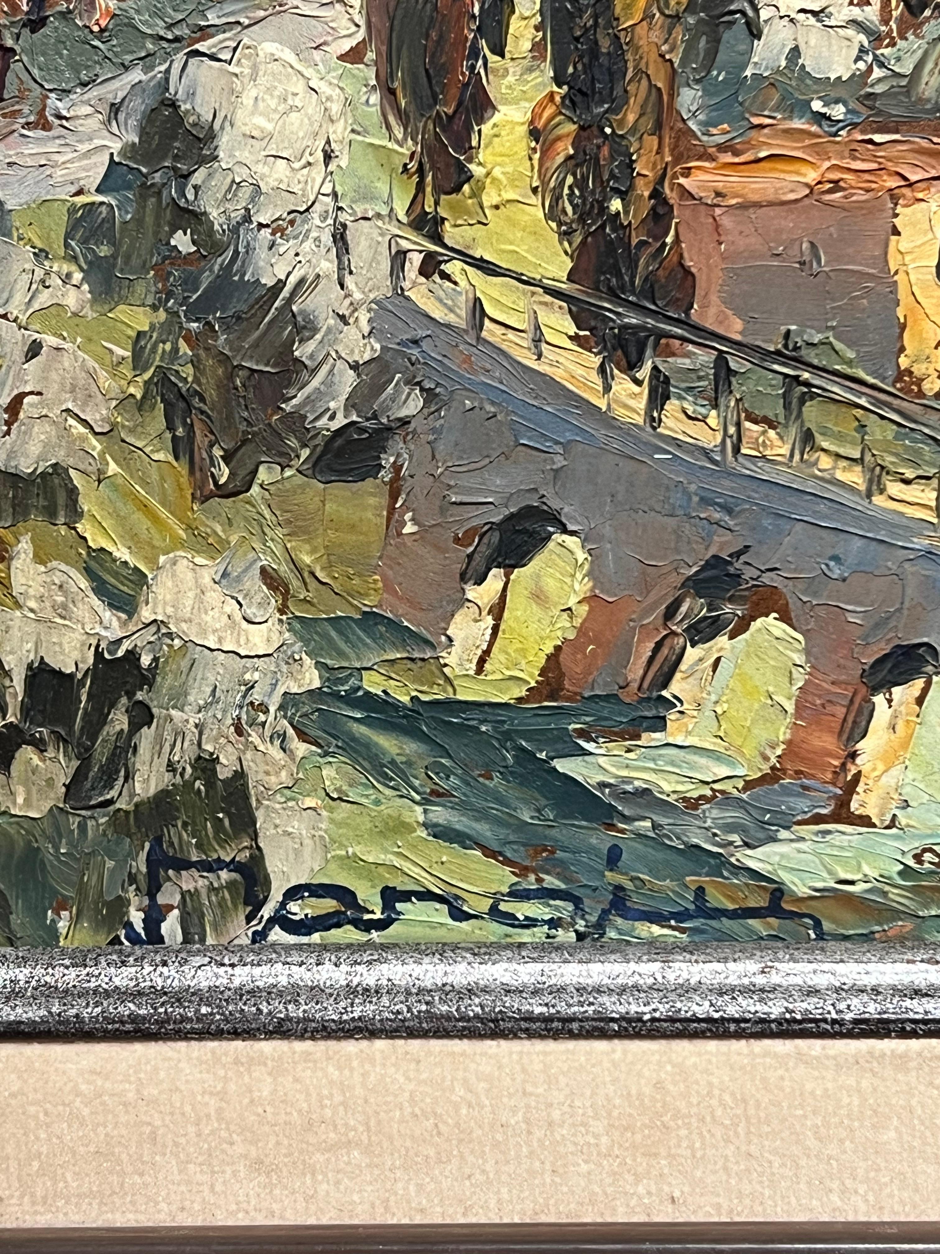 Vintage Mediterranean Hill Village Pintura al óleo impresionista Paisaje provenzal en venta 3