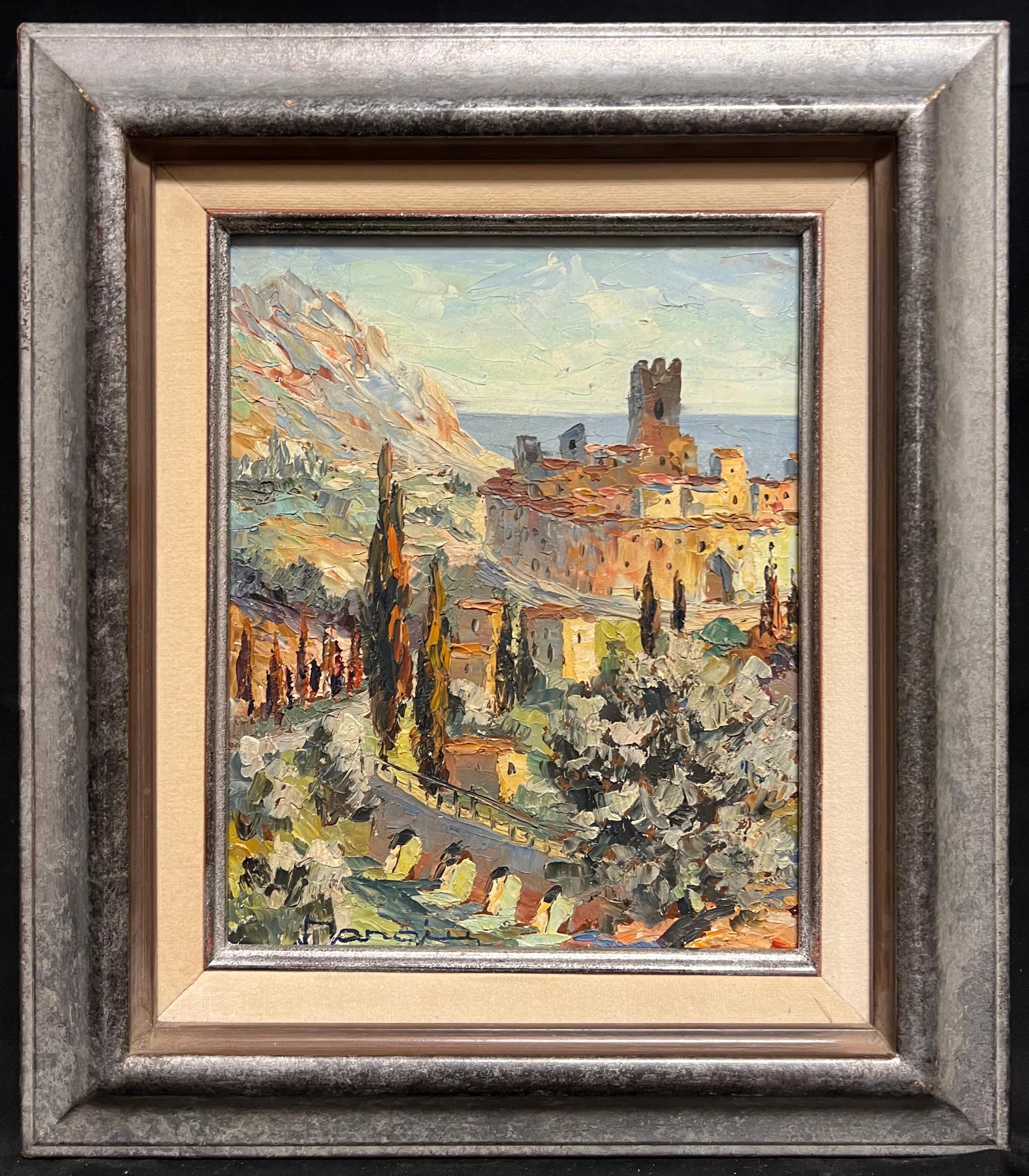 Landscape Painting de Charles Mangin - Vintage Mediterranean Hill Village Pintura al óleo impresionista Paisaje provenzal