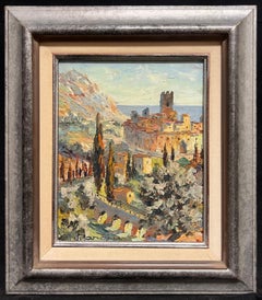 Vintage Mediterranean Hill Village Impressionist Oil Painting Provence Landscape