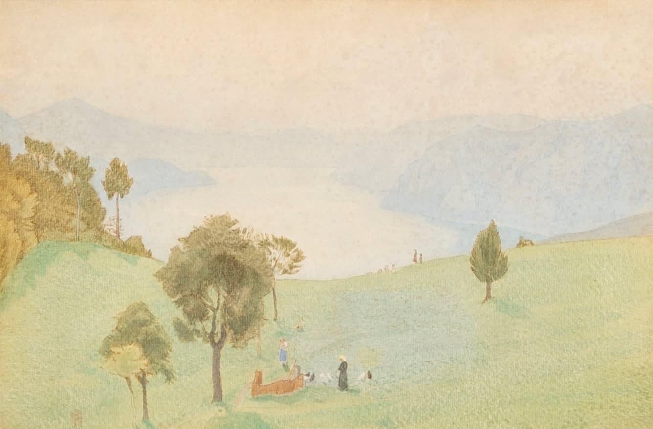 Abstract Painting Charles March Gere, RA, RWS - Lago Maggiore, peinture à l'aquarelle de Charles March Gere, 1918