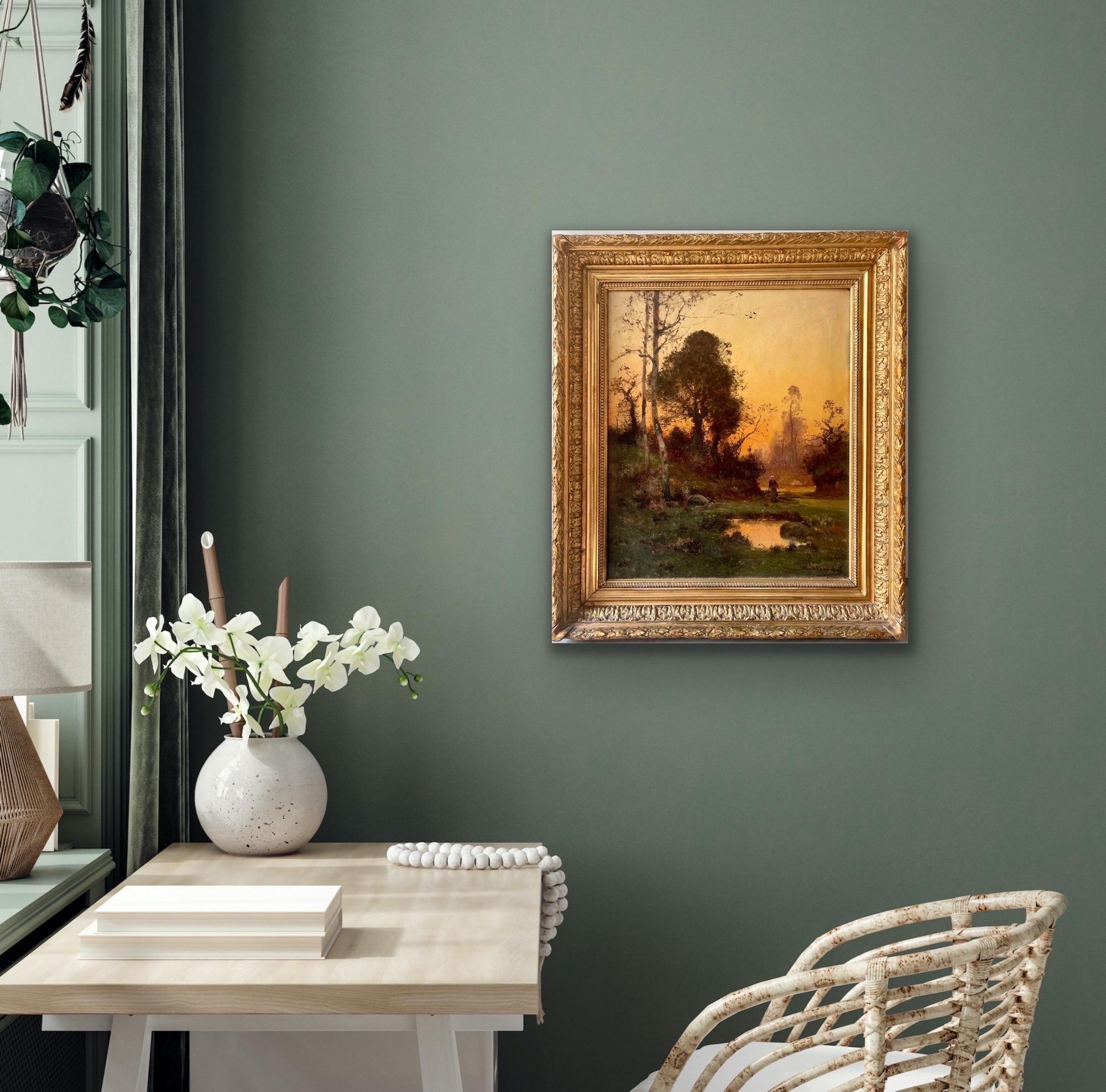 19th century French Barbizon School oil painting Sunset in the countryside 6