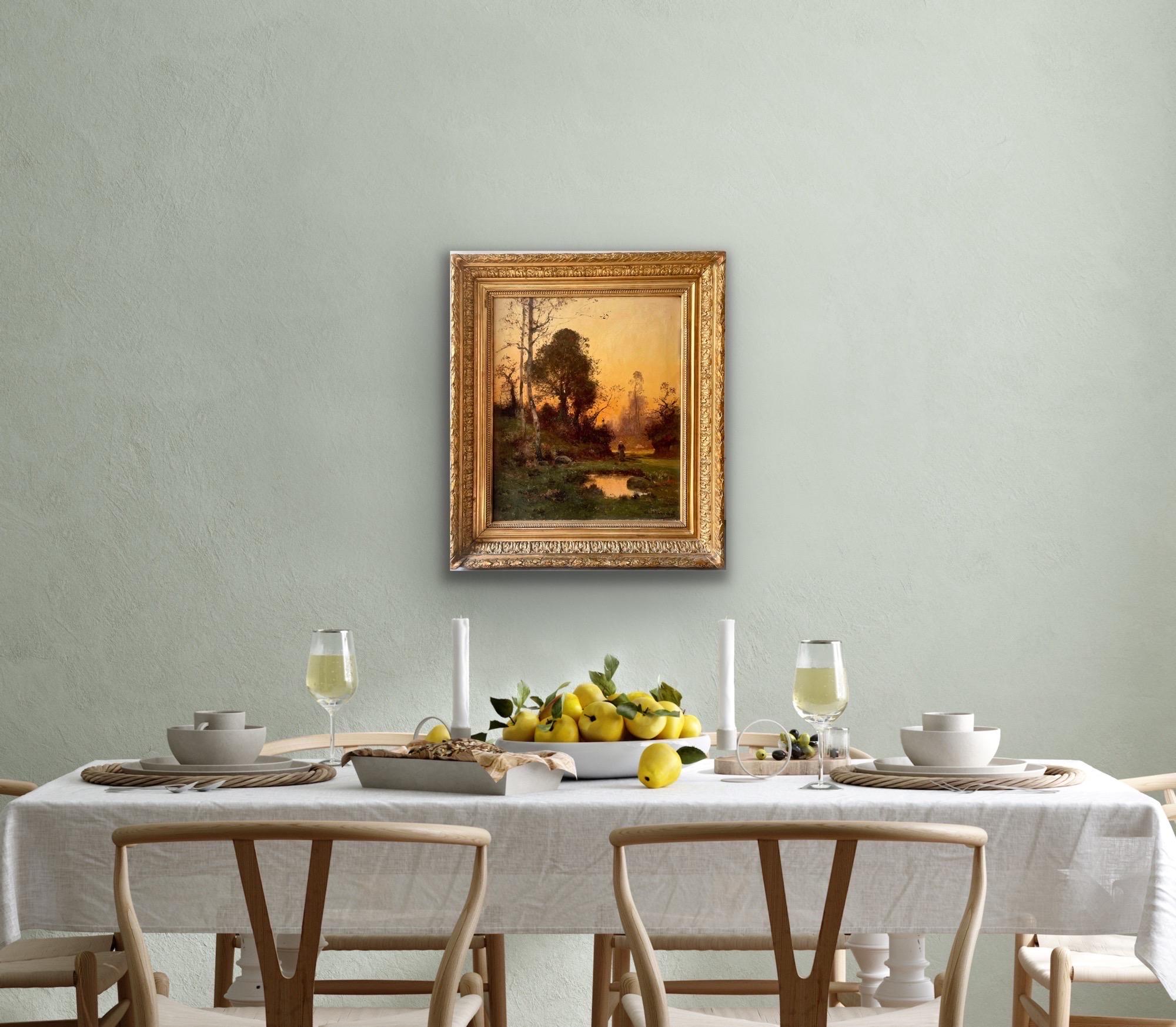 19th century French Barbizon School oil painting Sunset in the countryside 7
