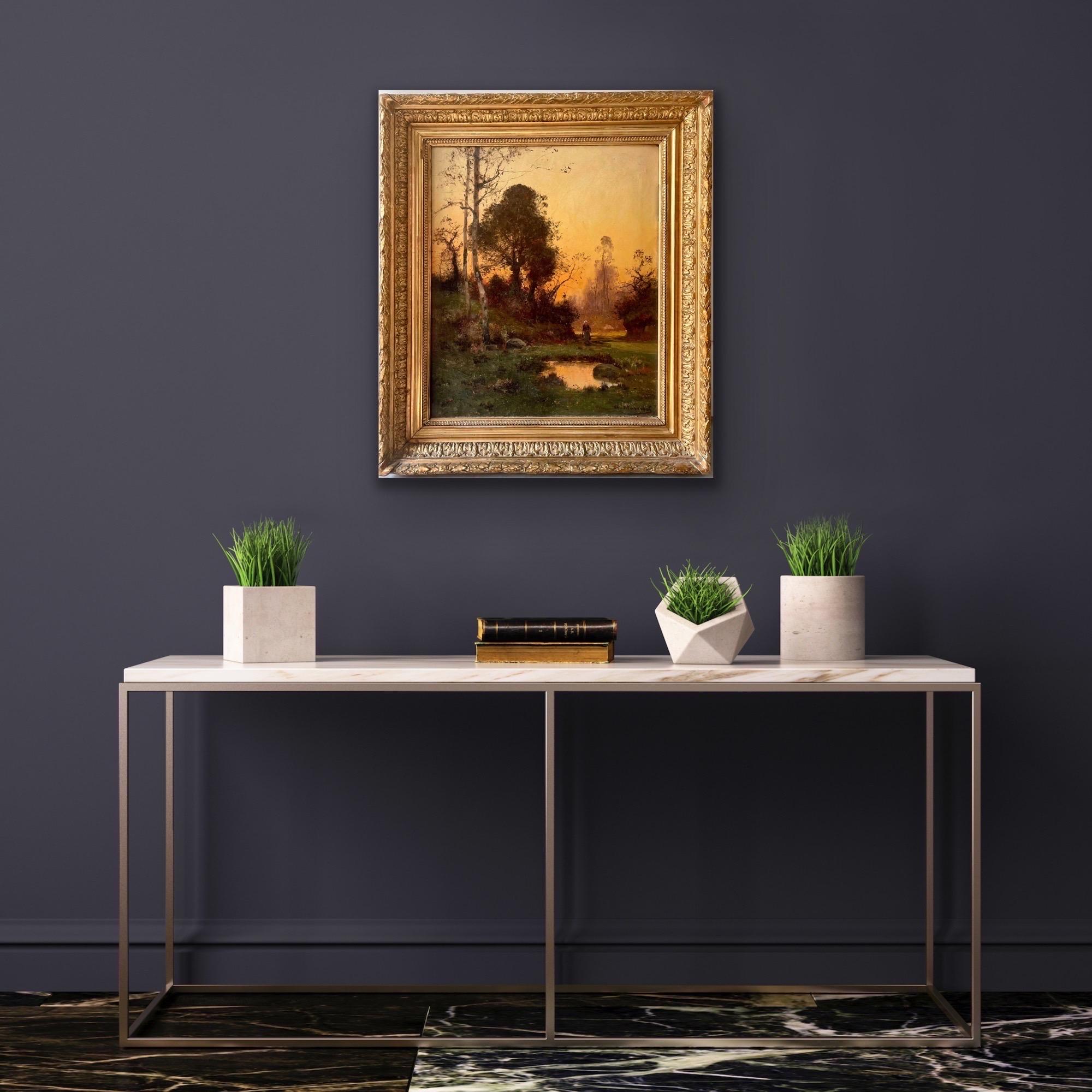 19th century French Barbizon School oil painting Sunset in the countryside - Painting by Charles Marechal