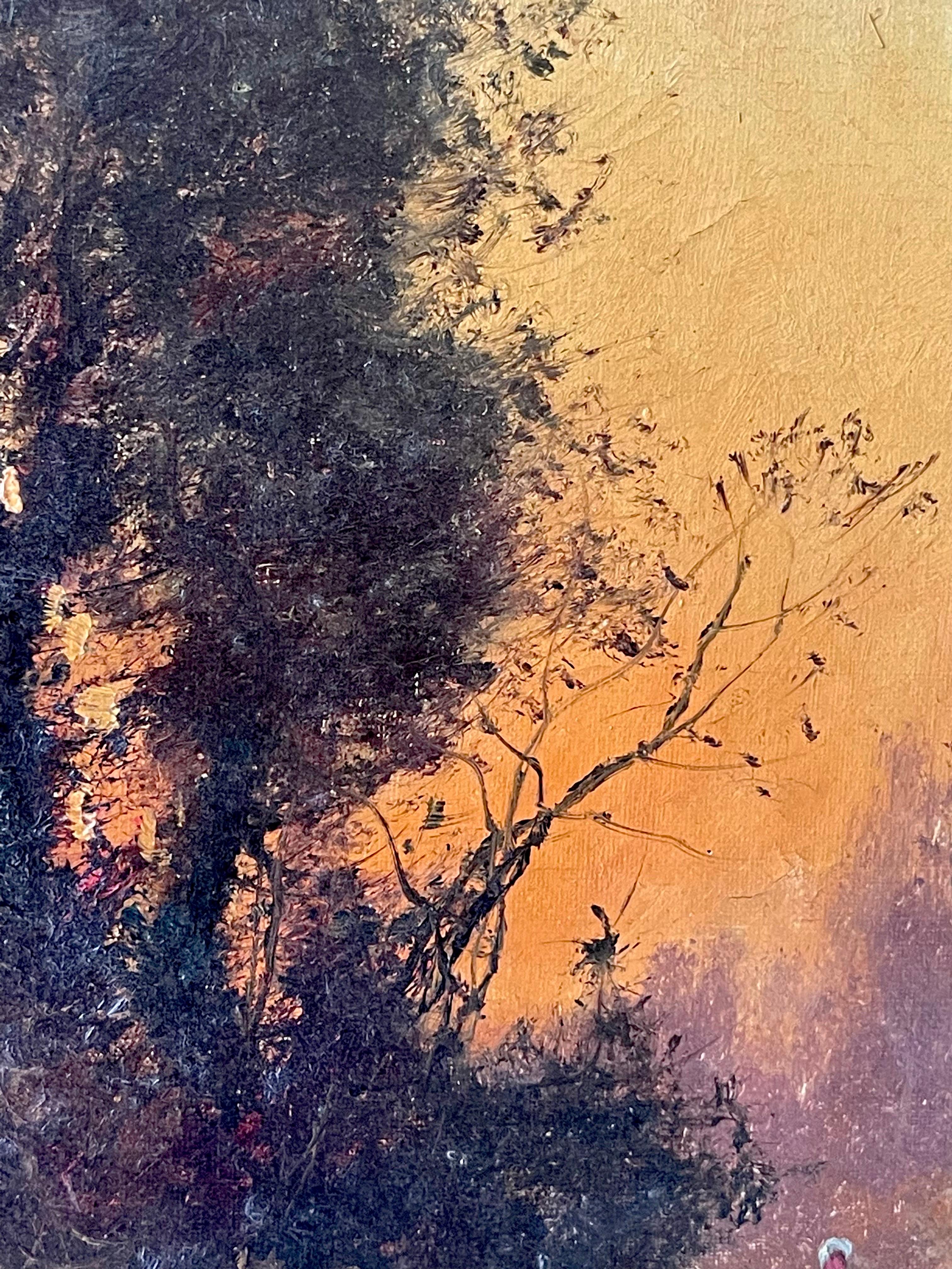 19th century French Barbizon School oil painting Sunset in the countryside 1