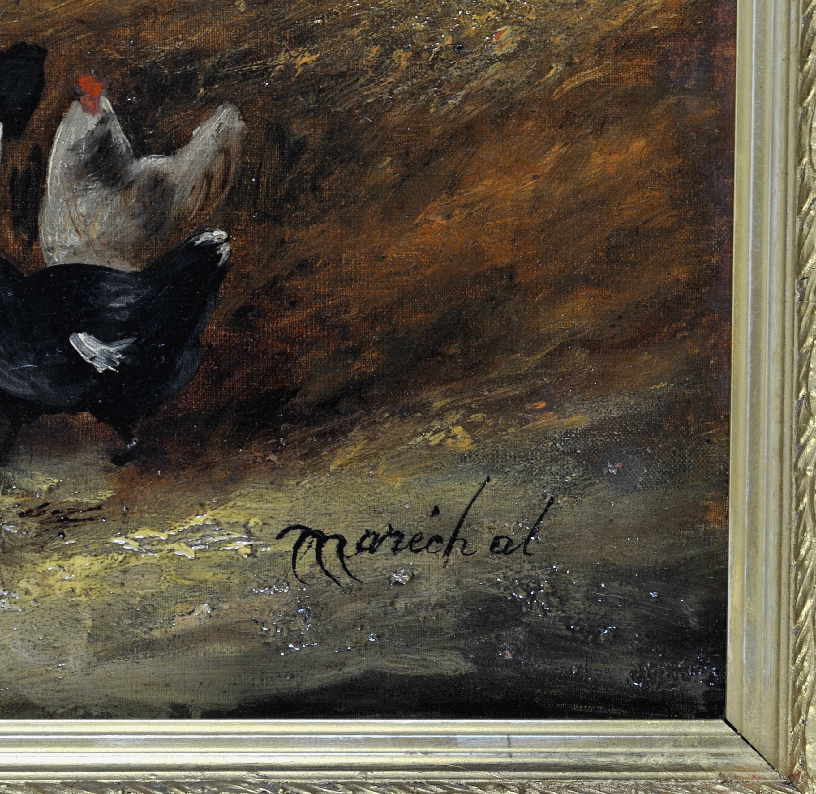 Peinture à l'huile sur toile française du 19ème siècle représentant des poulets dans une ferme en vente 1