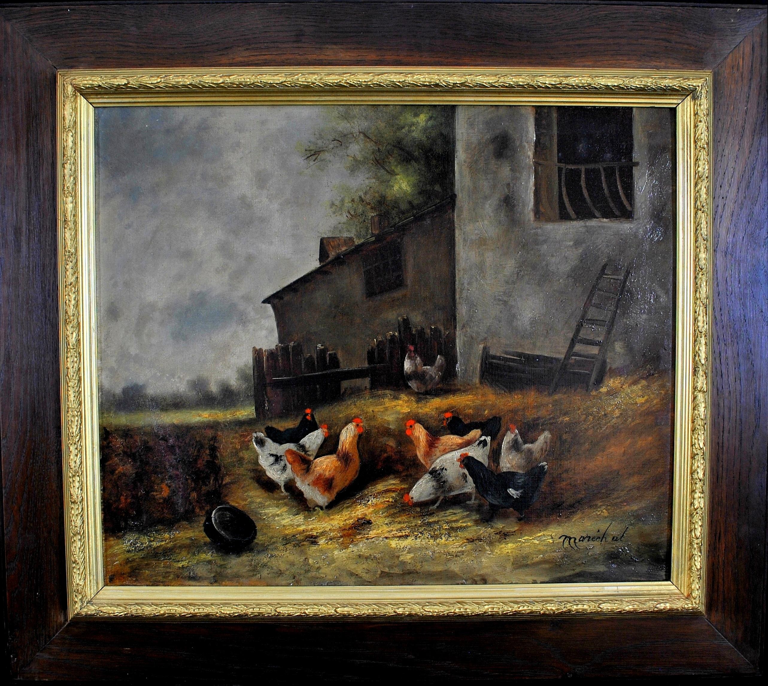 Animal Painting Charles Marechal - Peinture à l'huile sur toile française du 19ème siècle représentant des poulets dans une ferme
