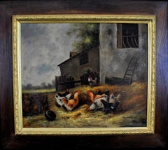 Chickens in a Farmyard - Large 19th Century French Oil on Canvas Painting