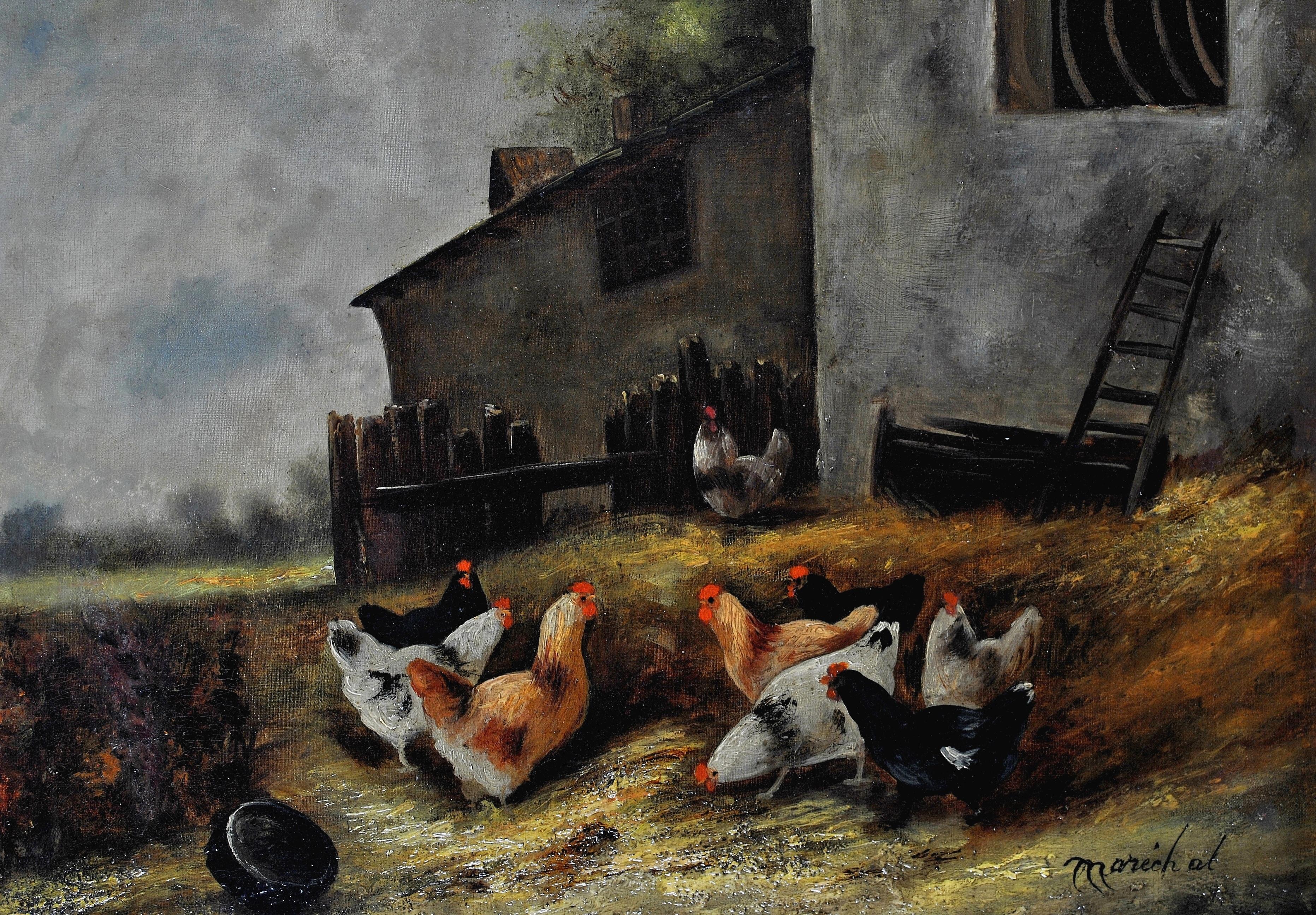 Peinture à l'huile sur toile française du 19ème siècle représentant des poulets dans une ferme - Noir Animal Painting par Charles Marechal