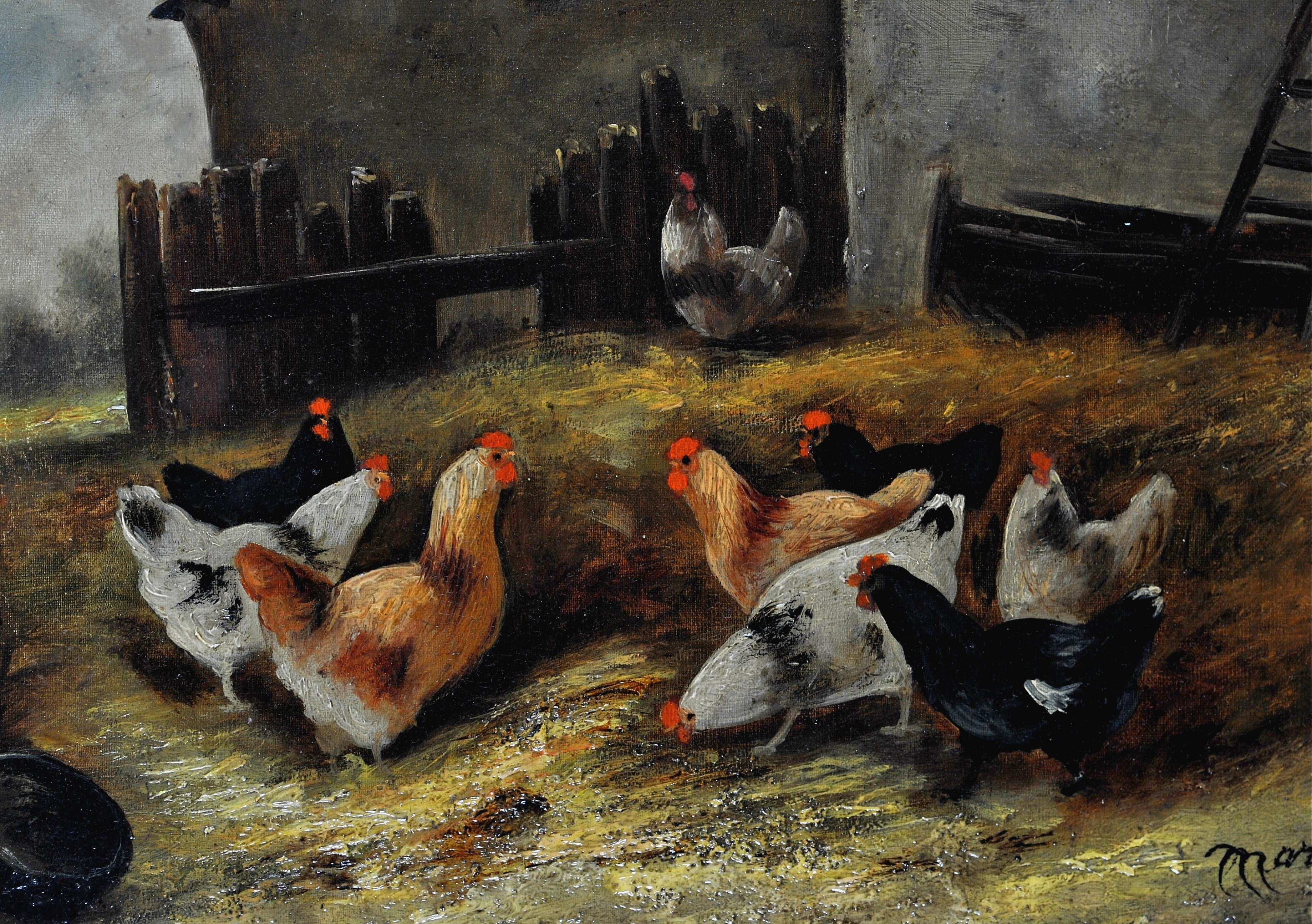 Belle et grande huile sur toile française du 19ème siècle représentant des poulets dans une basse-cour, par Charles Marechal. Travail d'excellente qualité, présenté dans son cadre d'origine en chêne avec décor en gesso doré. Signé en bas à
