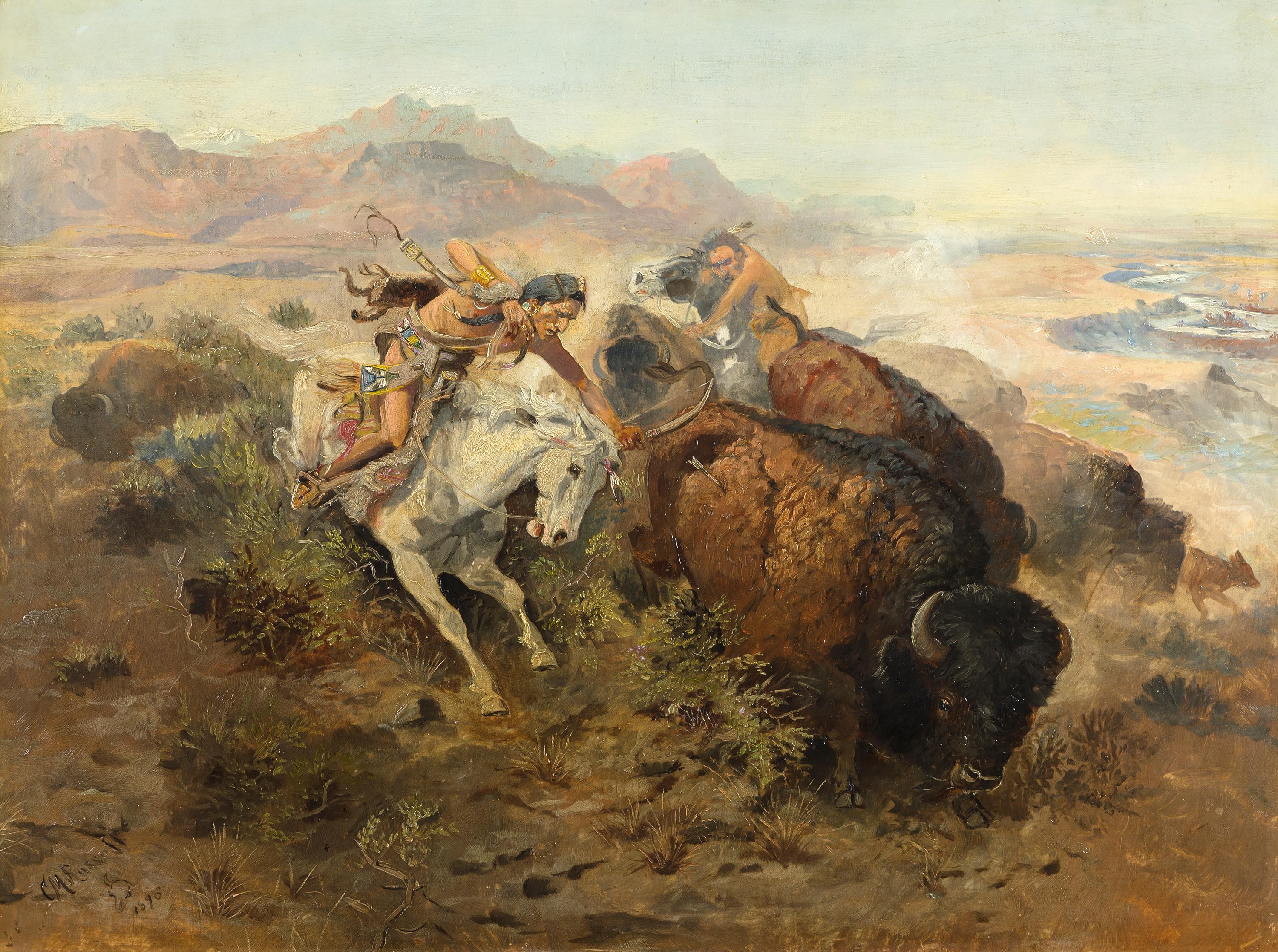 Charles Marion Russell Landscape Painting - Cascade Buffalo Hunt