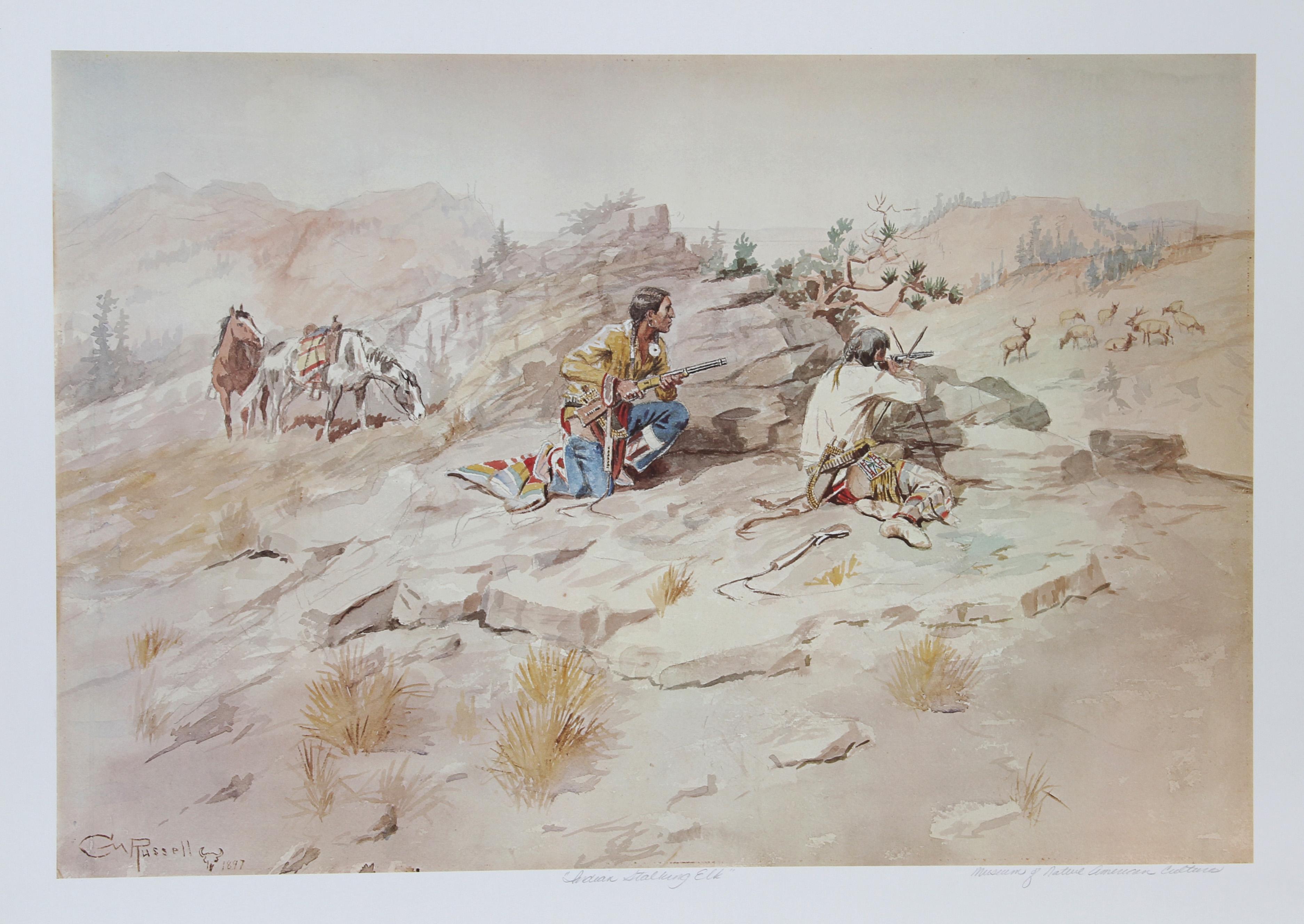 Indien traquant l'élan, lithographie de l'Ouest américain d'après Charles Marion Russell