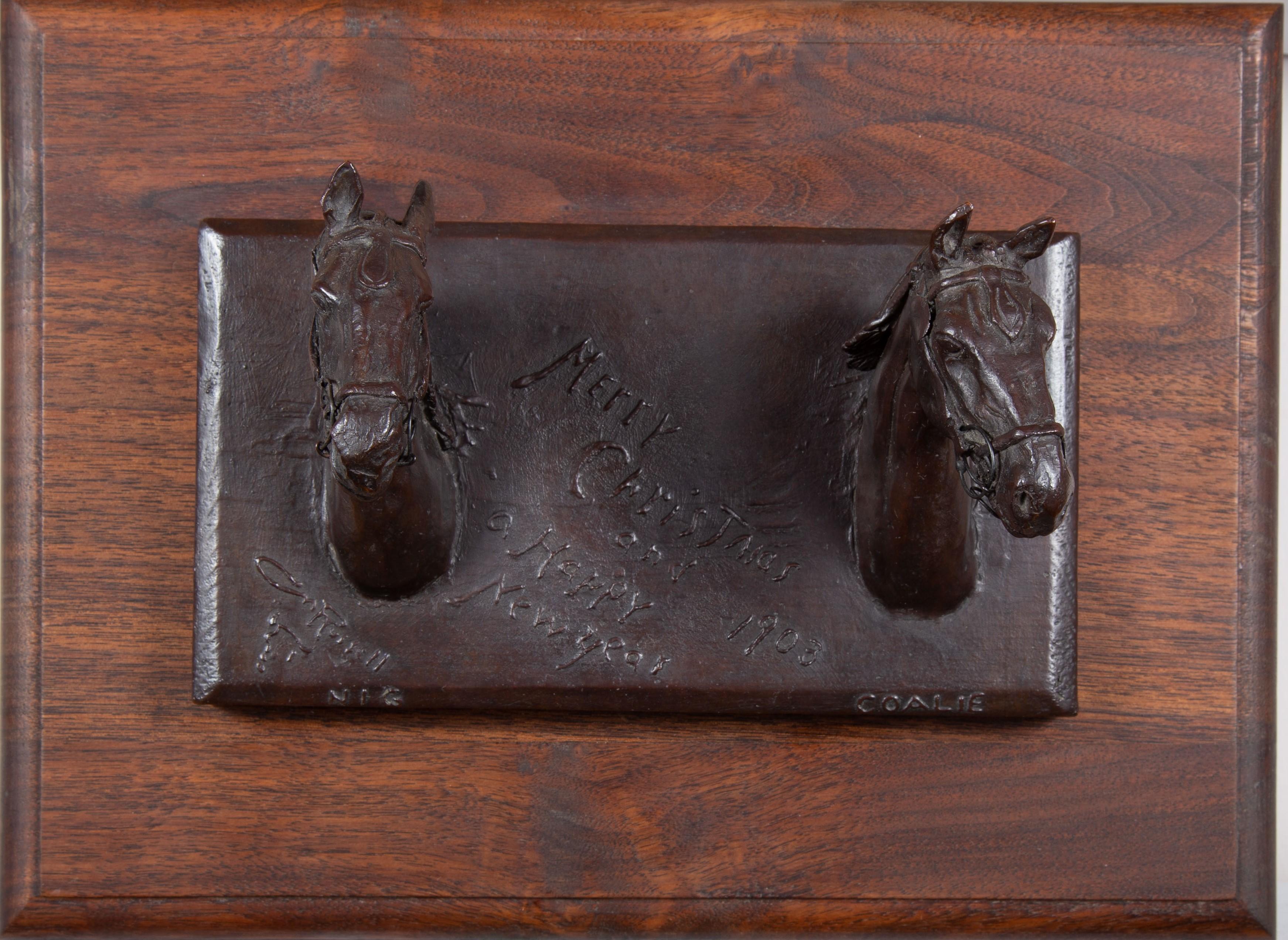 Nig & Coalie, Antique Horse Bronze Sculpture on Wood Base, Western Art 1