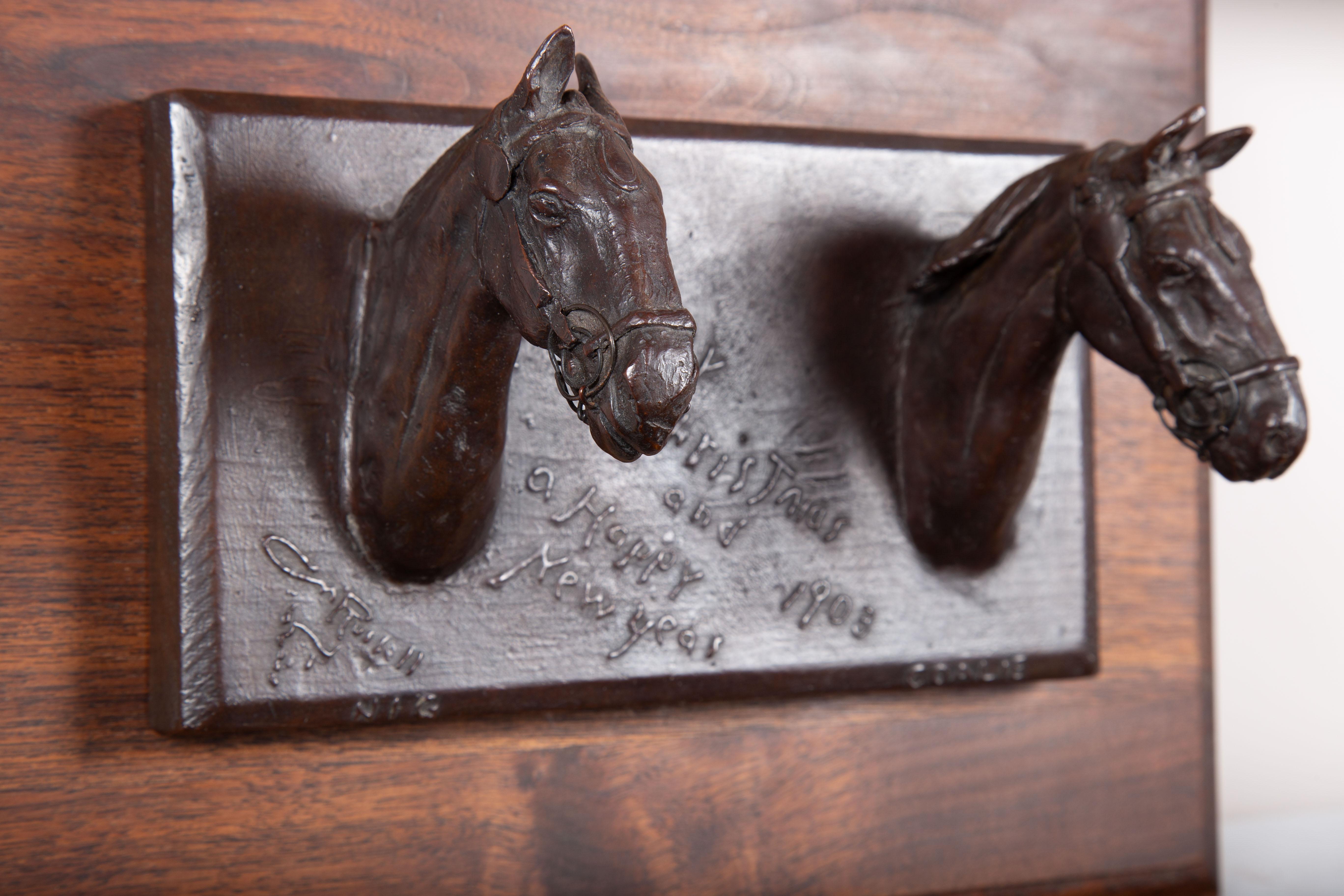 Charles Marion Russell Figurative Sculpture - Nig & Coalie, Antique Horse Bronze Sculpture on Wood Base, Western Art