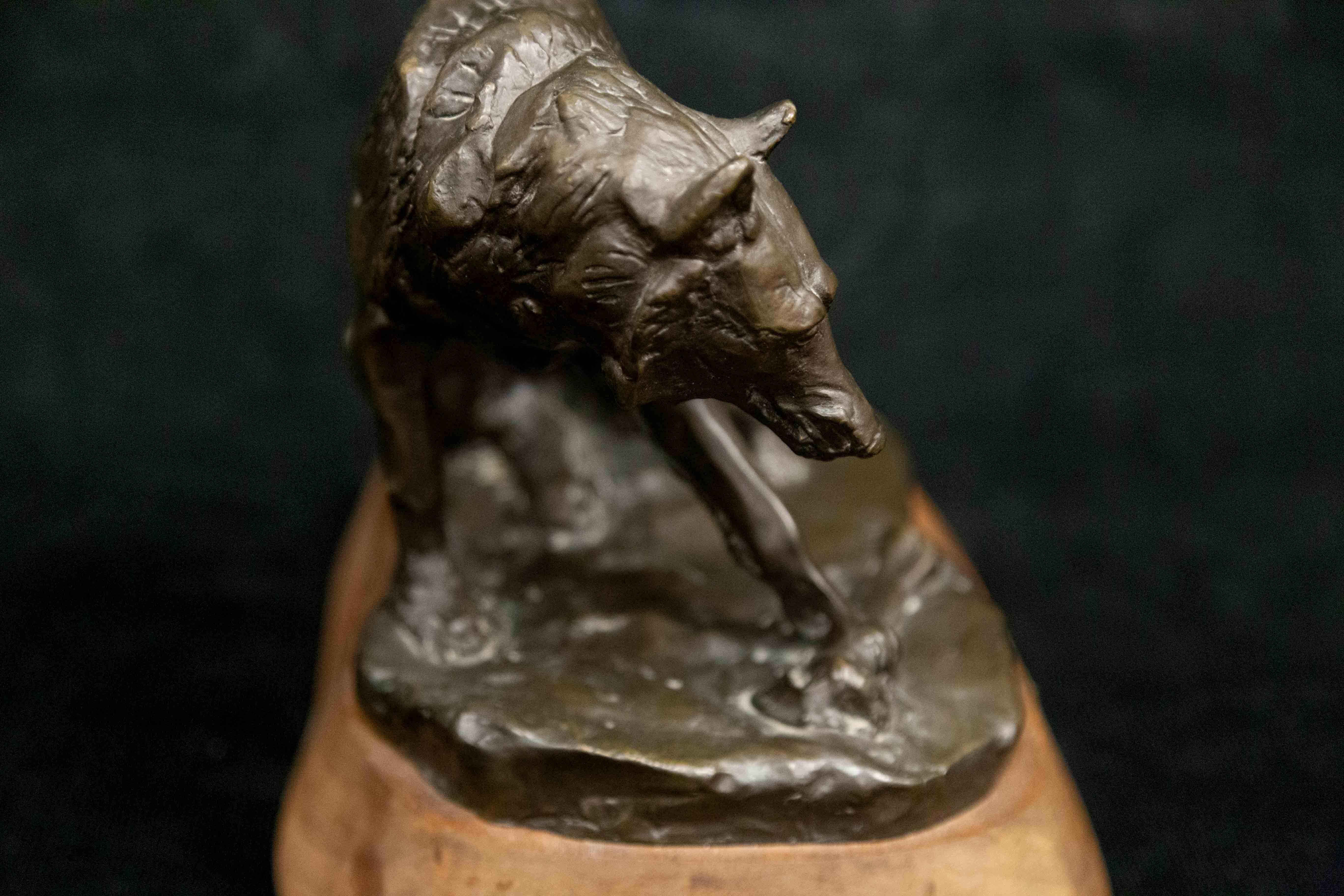 Wolf mit Knochen, Tierwelt Bronze auf Holzsockel, Western-Kunstskulptur im Angebot 1