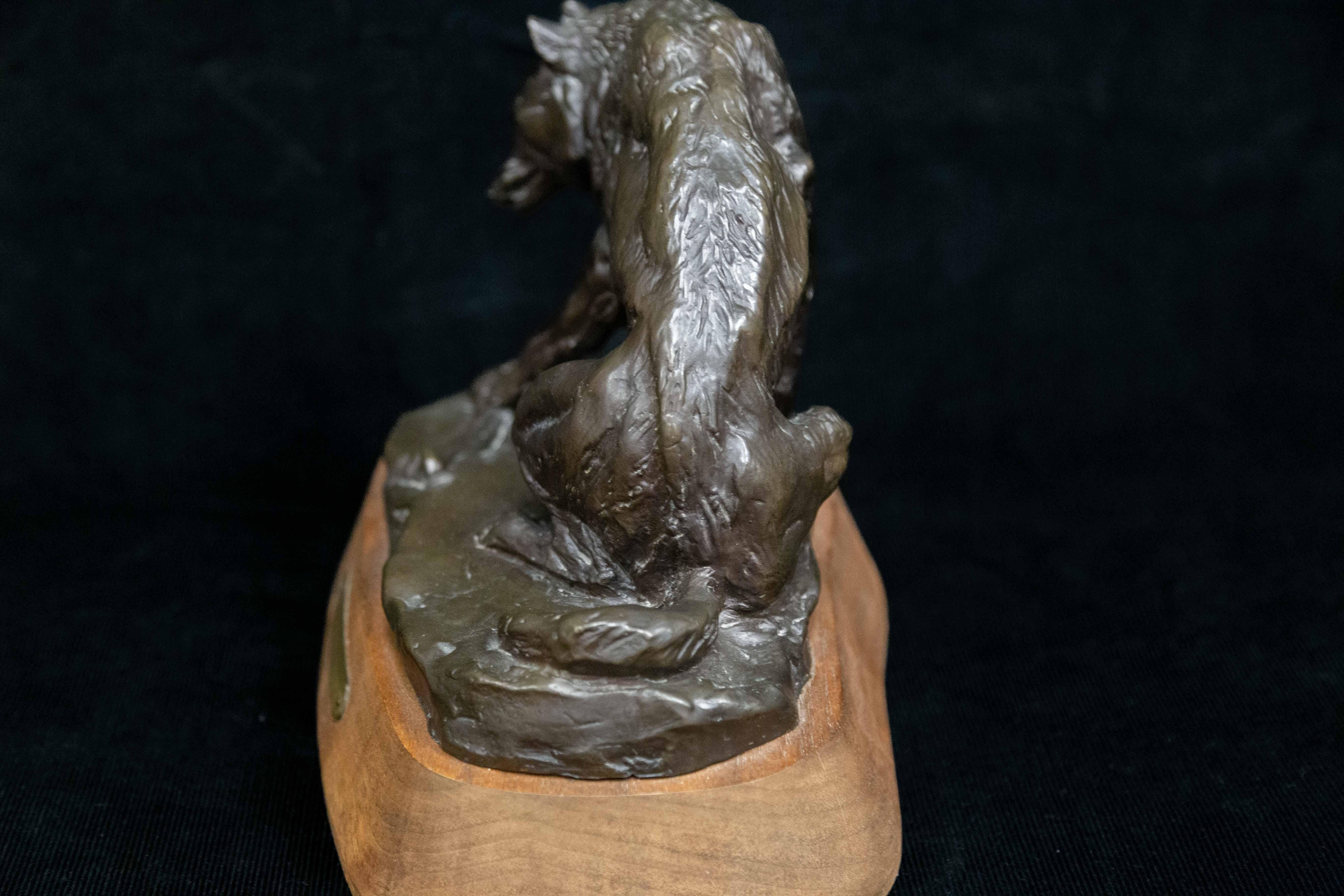 Wolf with Bone, Wildlife Bronze on Wood Base, Western Art Sculpture For Sale 1