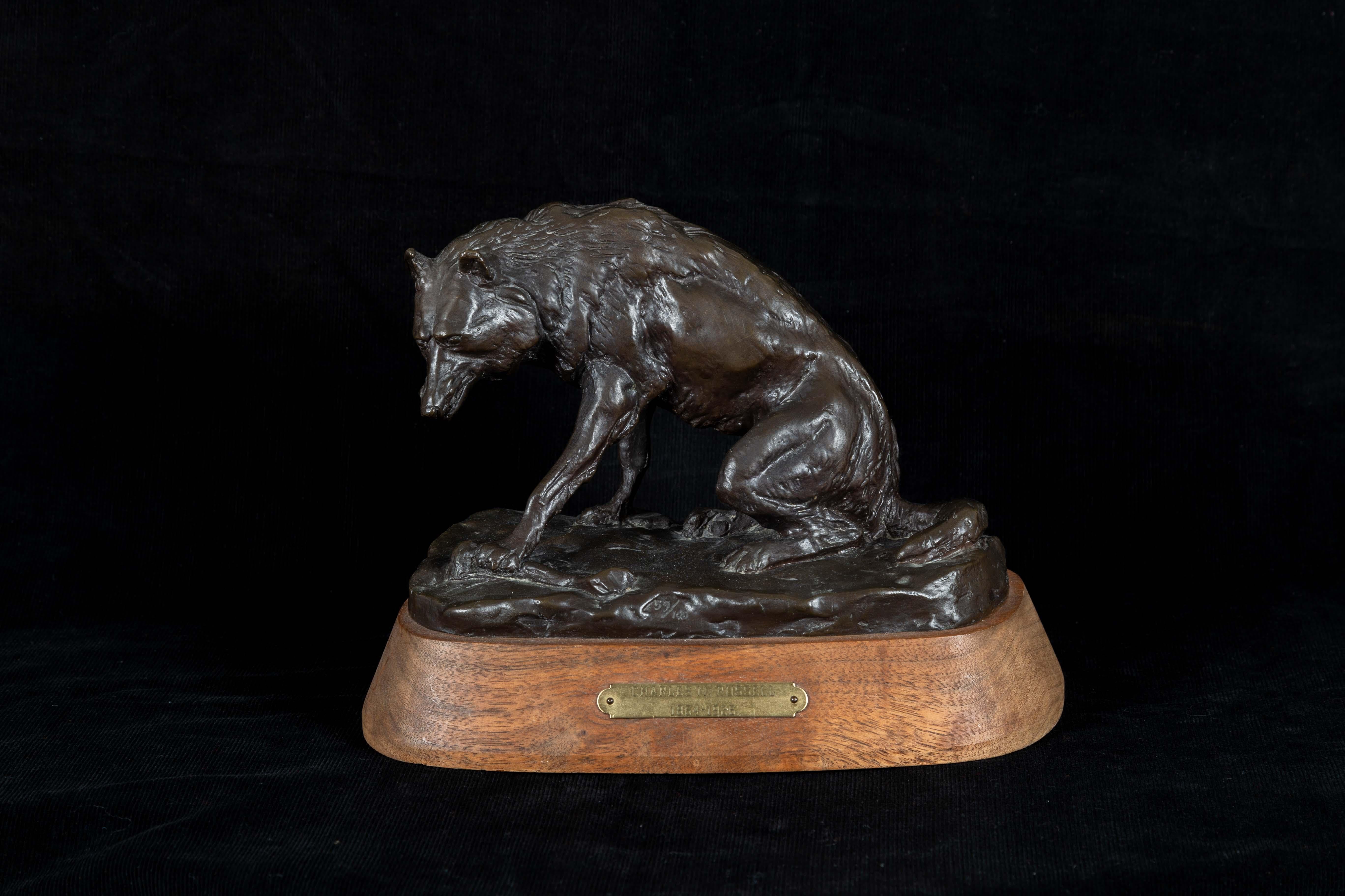 Charles Marion Russell Figurative Sculpture - Wolf with Bone, Wildlife Bronze on Wood Base, Western Art Sculpture