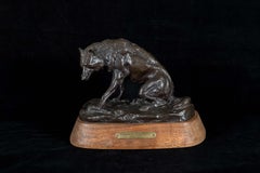 Vintage Wolf with Bone, Wildlife Bronze on Wood Base, Western Art Sculpture