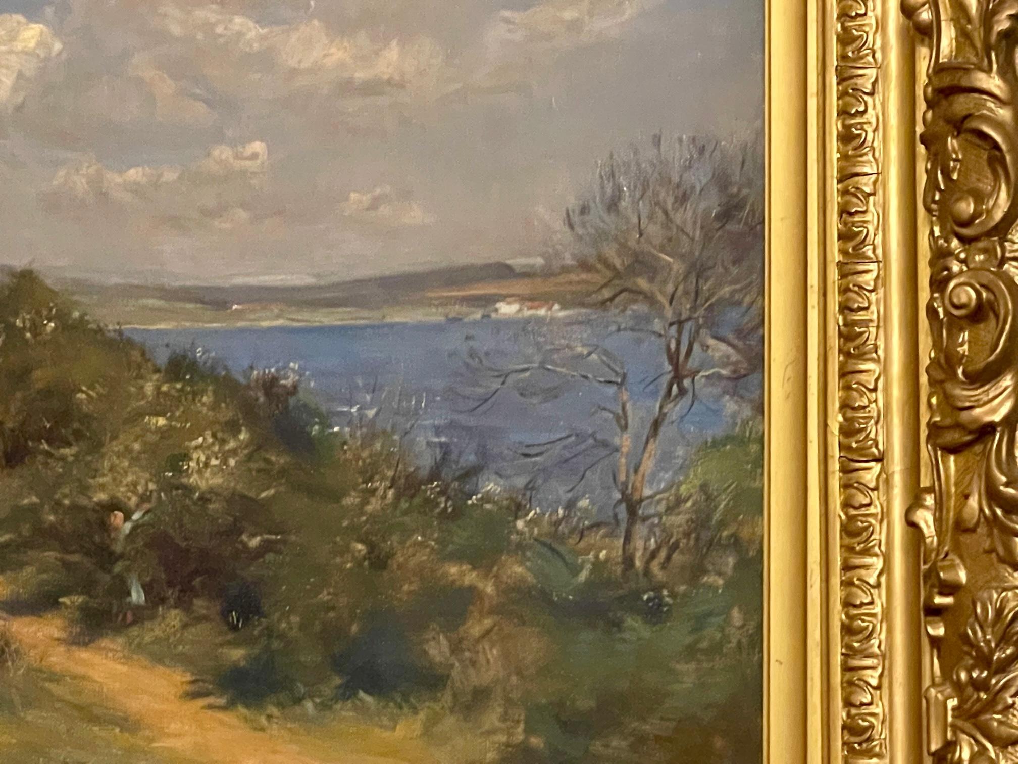 'Picking Blackberries' is a 19th/early 20th century oil on canvas painting of a Scottish coastal path view with yellow gorse and berry bushes. Children are picking berries or sitting enjoying the view overlooking the sea, depicting halcyon days of