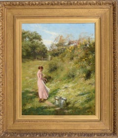 Fine Victorian 1890's Signed Scottish Oil Painting Farmers Daughter in Meadow