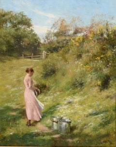 Belle peinture à l'huile écossaise signée des années 1890 Fille de fermier dans un pré