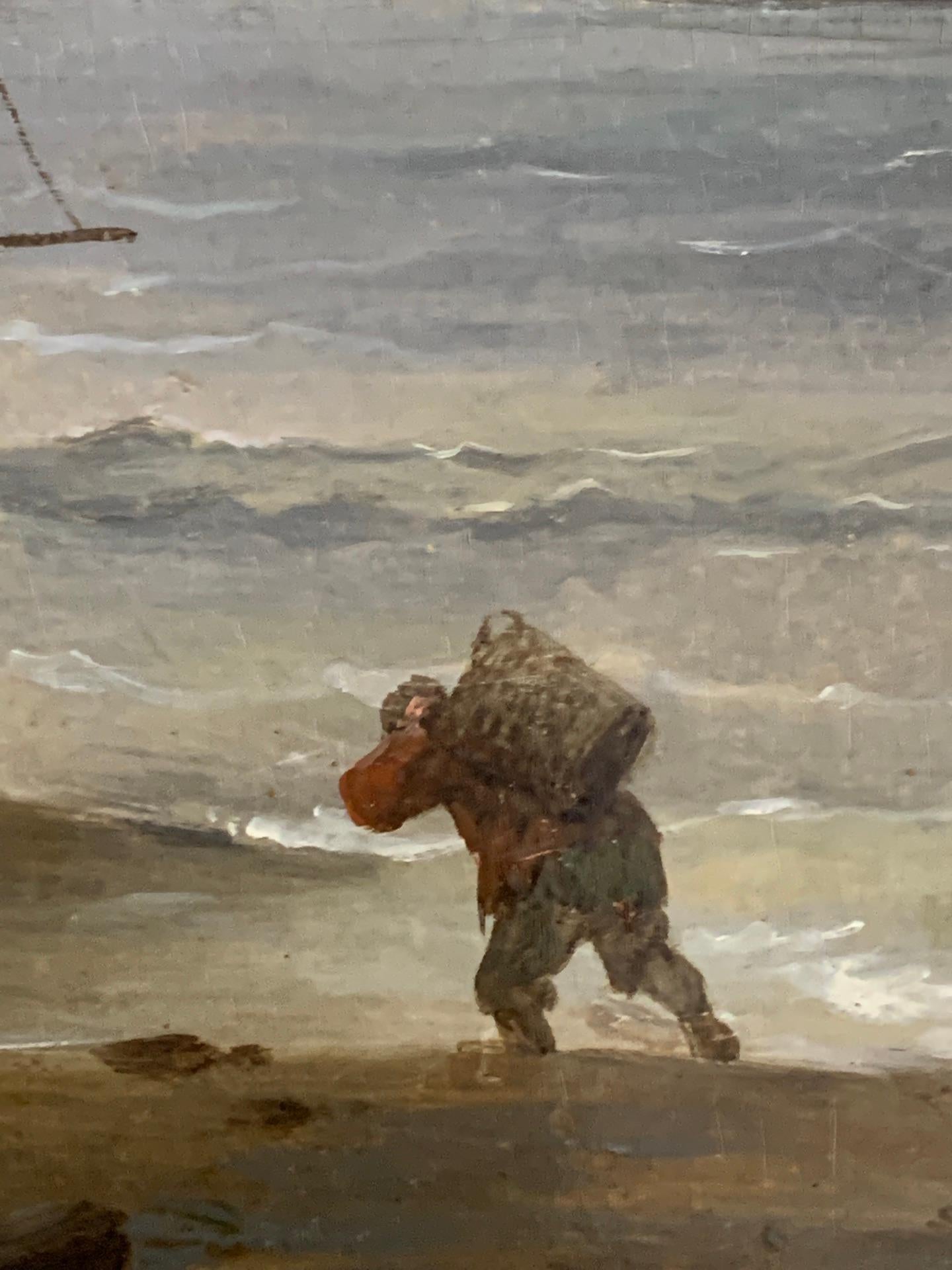 19th century English marine of fishing boats at sea with figures in a landscape. 2