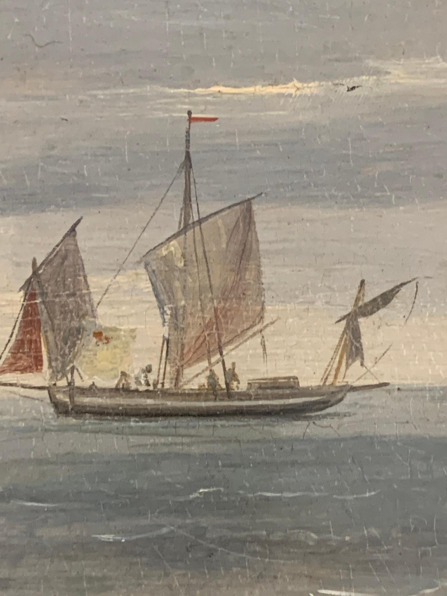 19th century English marine of fishing boats at sea with figures in a landscape. 3