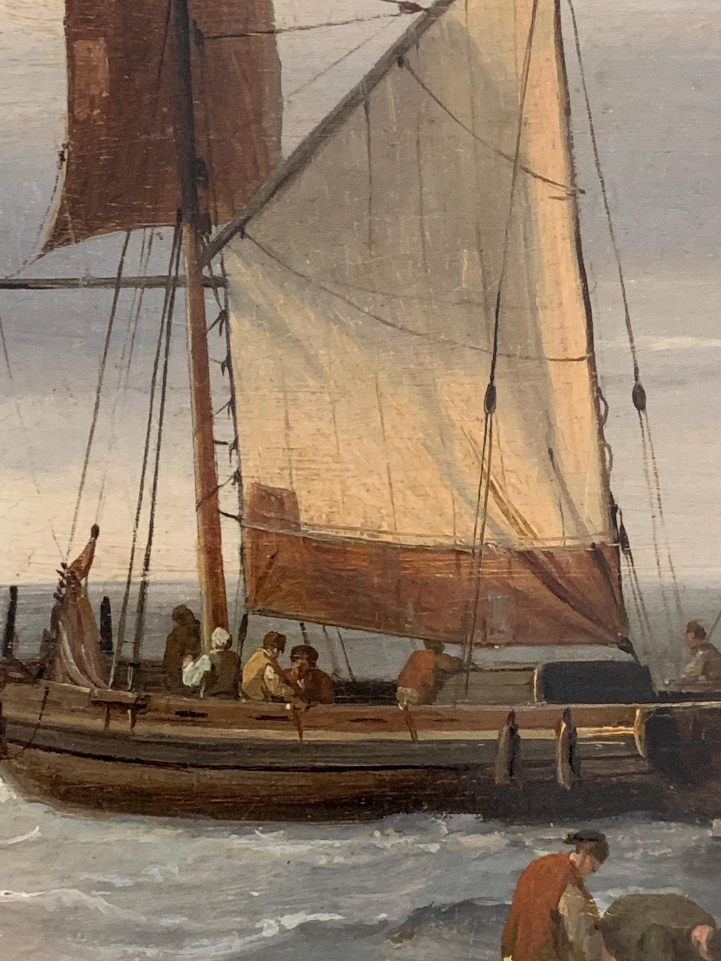 19th century English marine of fishing boats at sea with figures in a landscape. 5