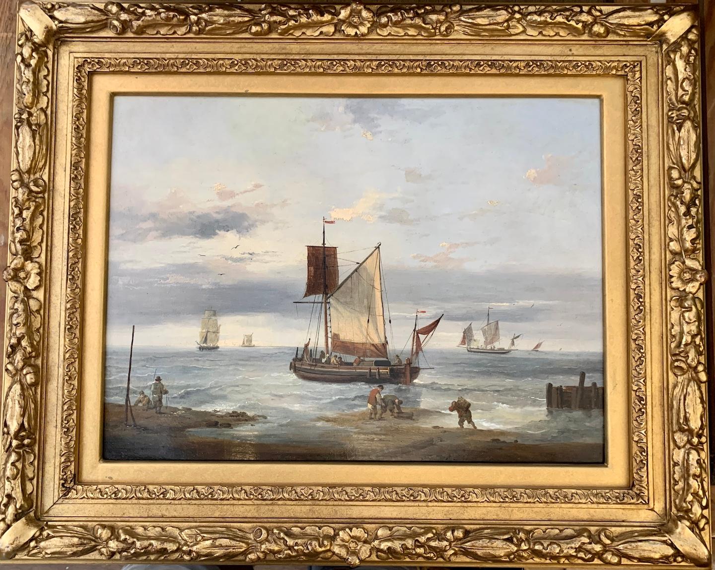19th century English marine of fishing boats at sea with figures in a landscape. - Painting by Charles Martin Powell