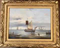 19th century English marine of fishing boats at sea with figures in a landscape.