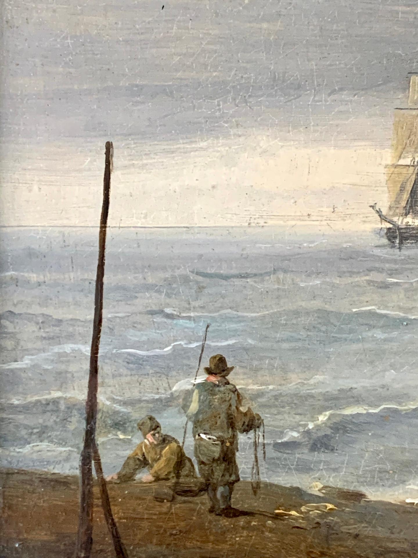 19th century English marine of fishing boats at sea with figures in a landscape. - Beige Landscape Painting by Charles Martin Powell