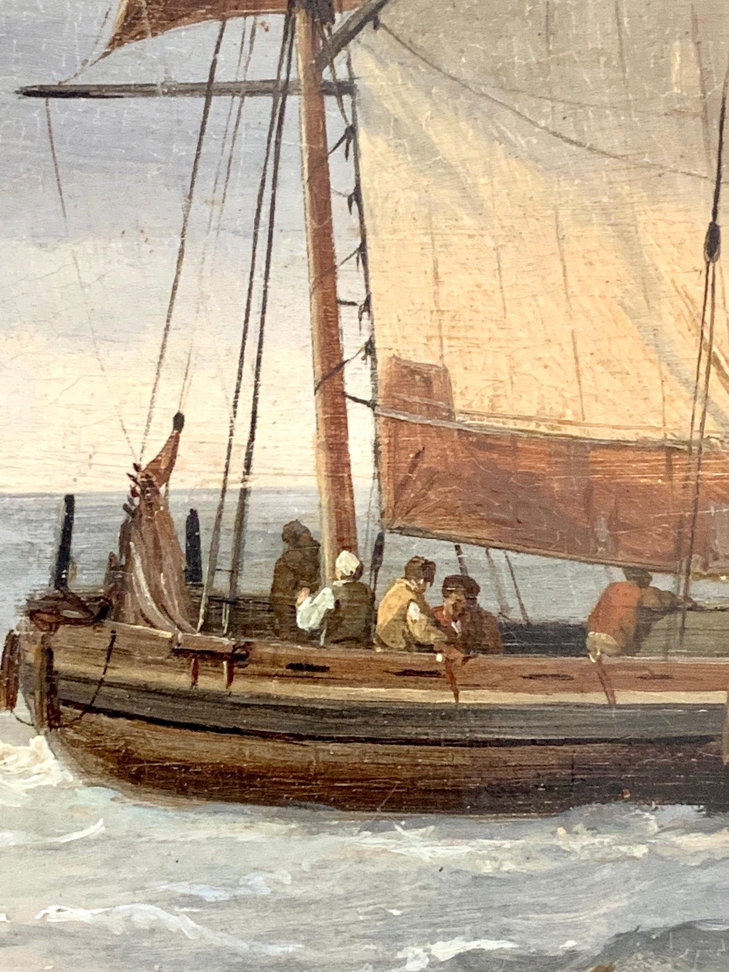 English early 19th century Marine scene of fishing boats at sea , with a landscape and people in the foreground.

Born in Chichester, C M Powell was a self-taught artist, a fact which reflects great credit on him when one considers the beautiful
