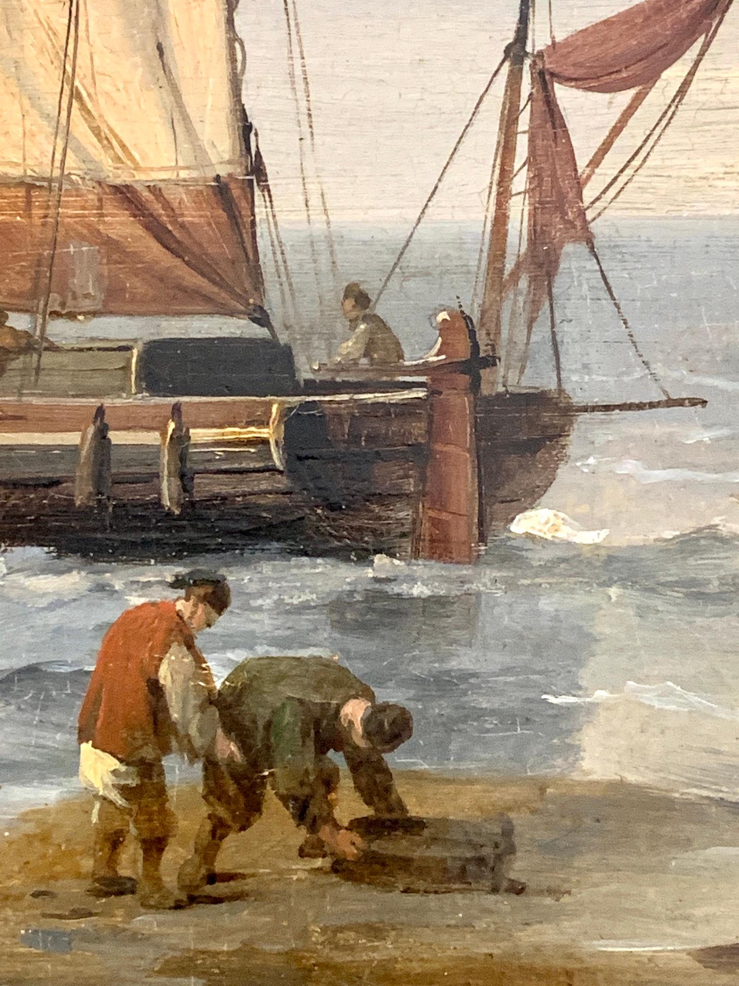 19th century English marine of fishing boats at sea with figures in a landscape. 1