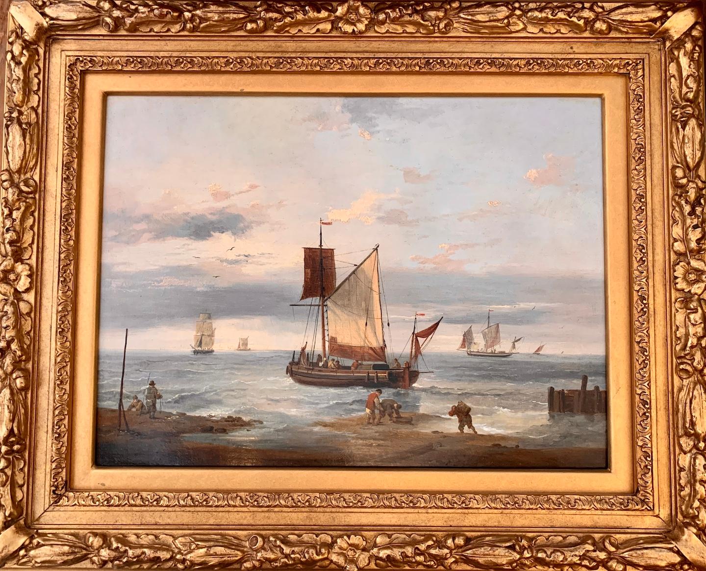 Charles Martin Powell Landscape Painting - 19th century English marine of fishing boats at sea with figures in a landscape.