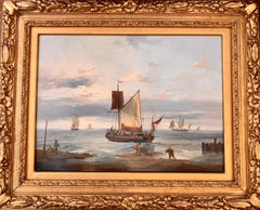 19th century English marine of fishing boats at sea with figures in a landscape.