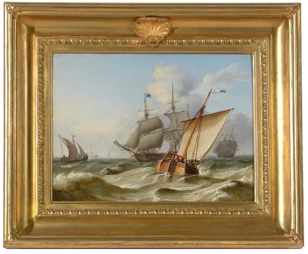 A fine painting by Charles martin Powell , The scene depicting shipping off the Dutch coast
This is an oil on panel, the size of the image being 24 x 32 cm whilst overall the size is 39 x 47 cm
housed in a gilt frame which is in Excellent