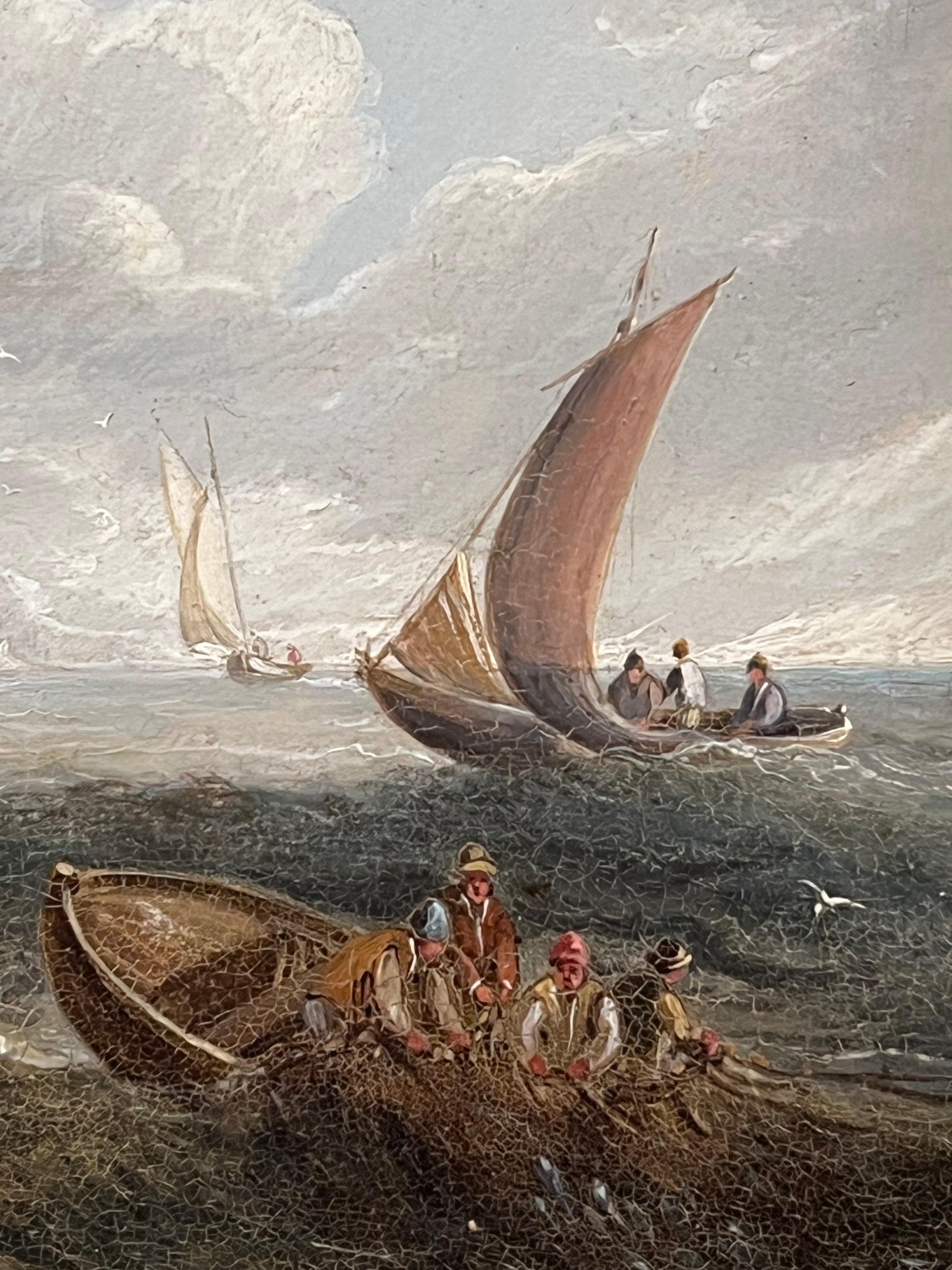 Feines antikes englisches Meeres-Ölgemälde, Versand von Felsenküste und Figuren, Ölgemälde (Braun), Figurative Painting, von Charles Martin Powell
