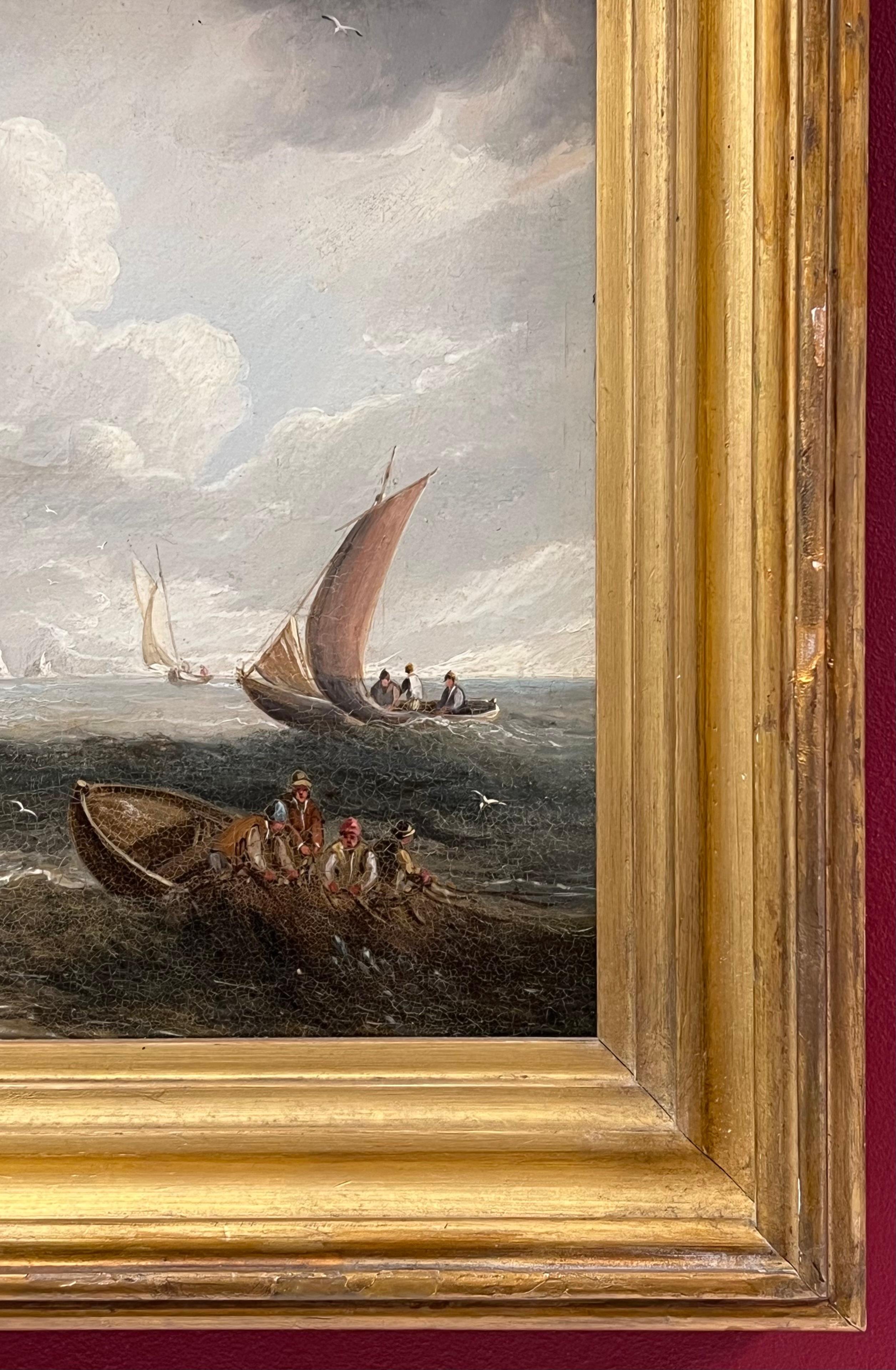 Schifffahrtsszene vor der Küste von Dover
Kreis von Charles Martin Powell 
(Britisch, 1775-1824)
Ölgemälde auf Karton, gerahmt
Gerahmt: 12,5 x 11,5 Zoll
Pappe: 9,5 x 8 Zoll
Zustand: sehr gut
Provenienz: Privatsammlung, Großbritannien

