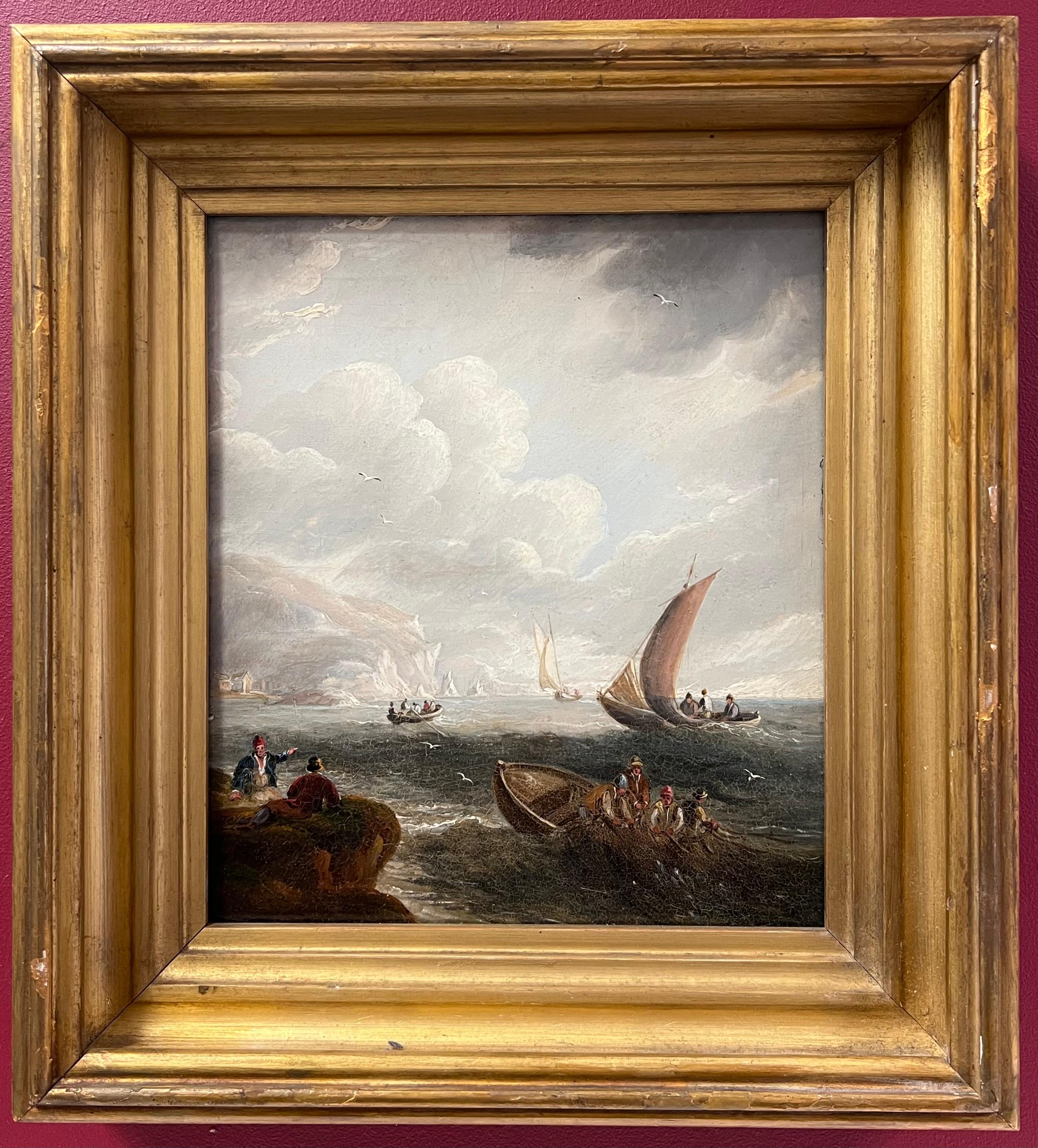 Pregevole dipinto ad olio Marin inglese antico di costa rocciosa e figure