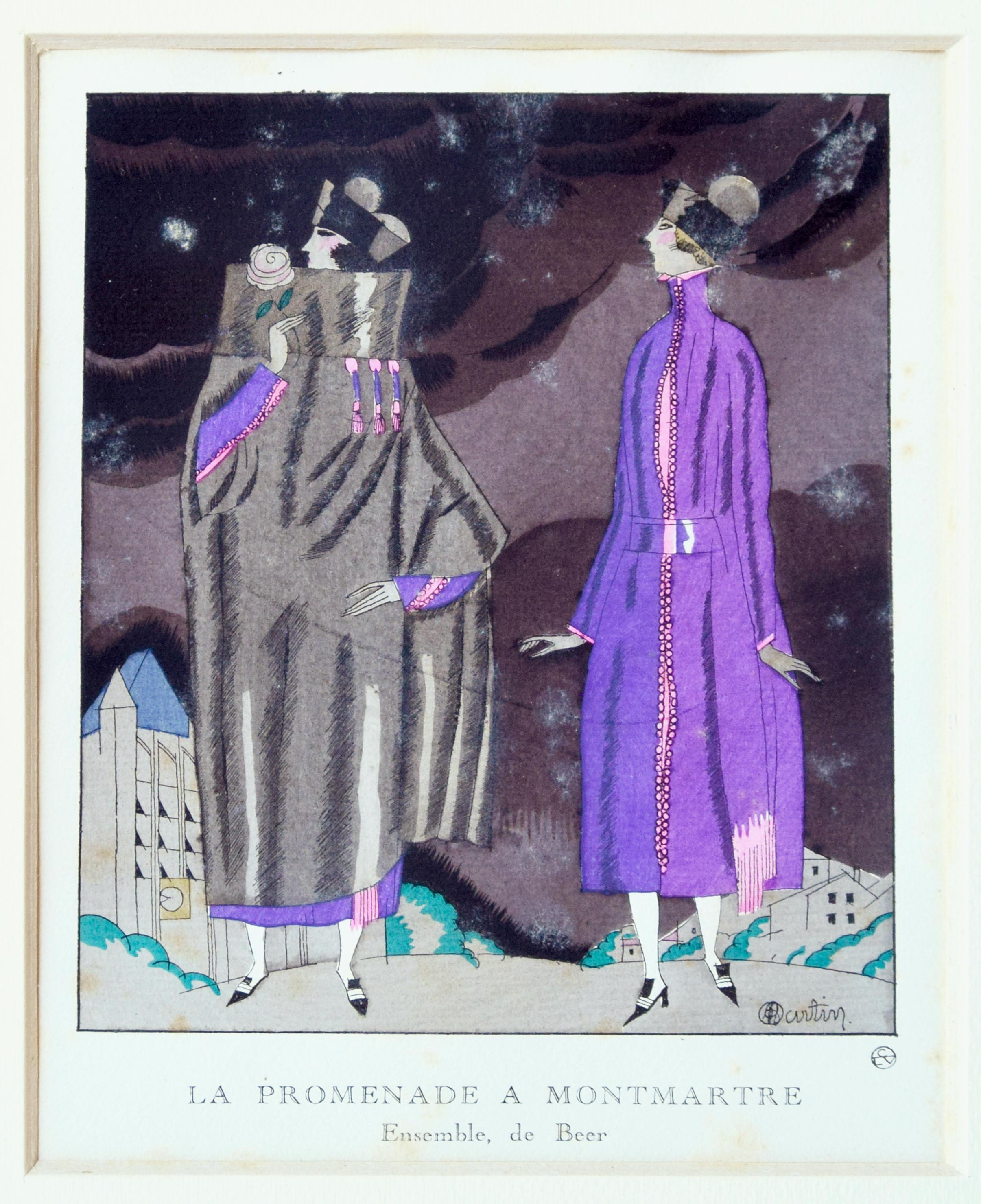 Charles Martin Figurative Print - La Promenade à Montmartre - Original Pochoir by C. Martin - 1919