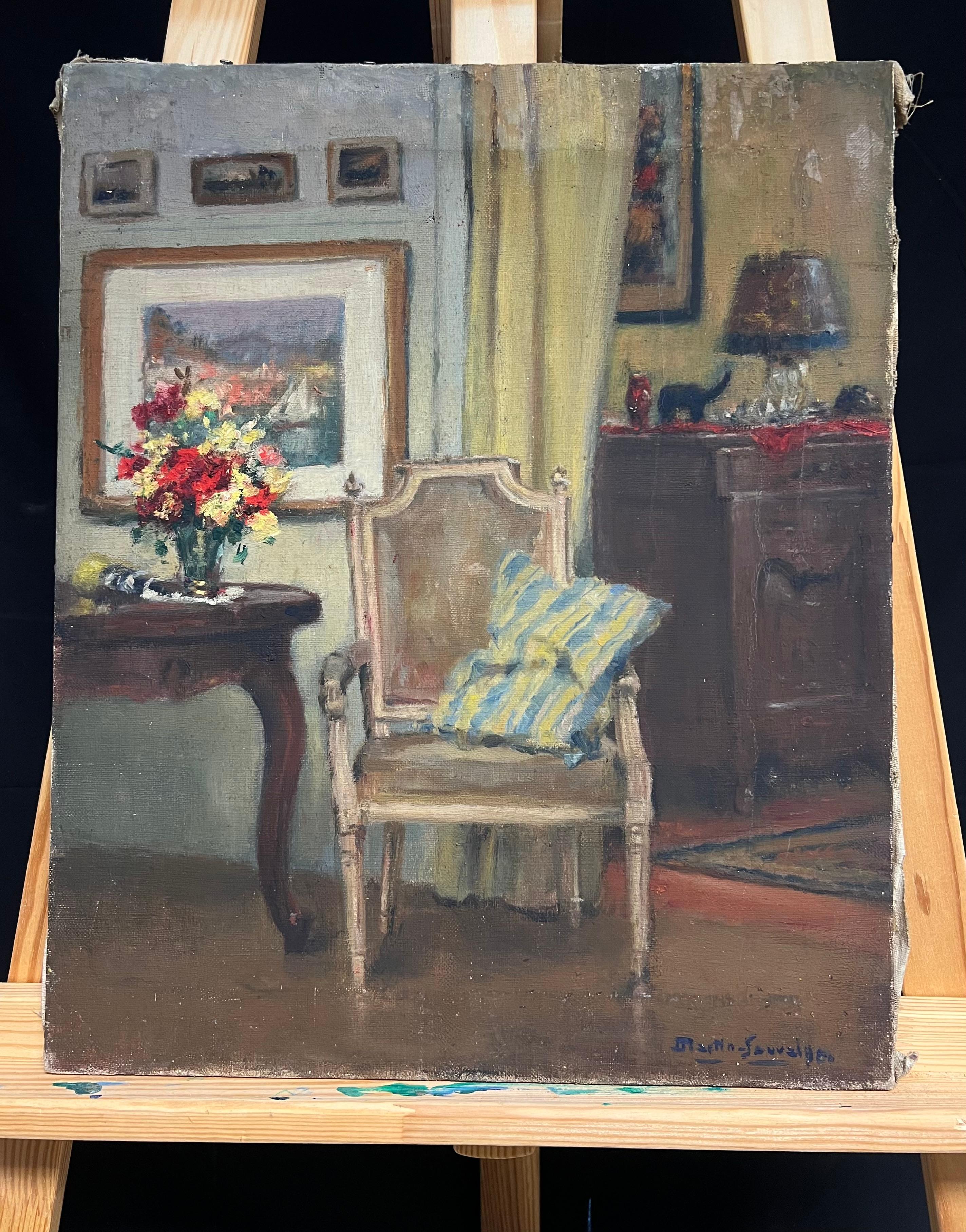Elegant French Salon Interior with Antique Armchair and Flowers Oil Painting - Gray Still-Life Painting by Charles Martin-Sauvaigo