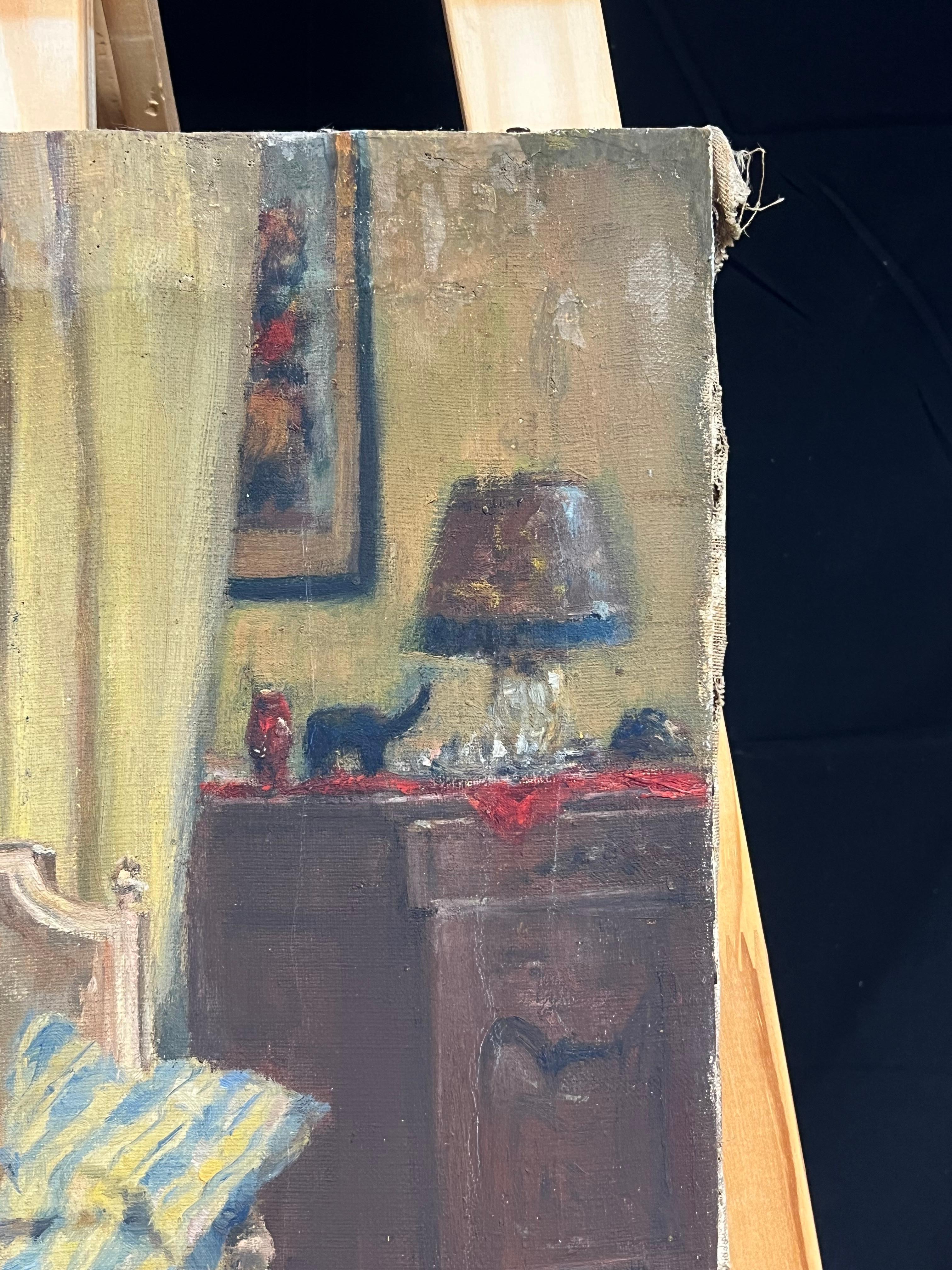 Elegant French Salon Interior with Antique Armchair and Flowers Oil Painting For Sale 1