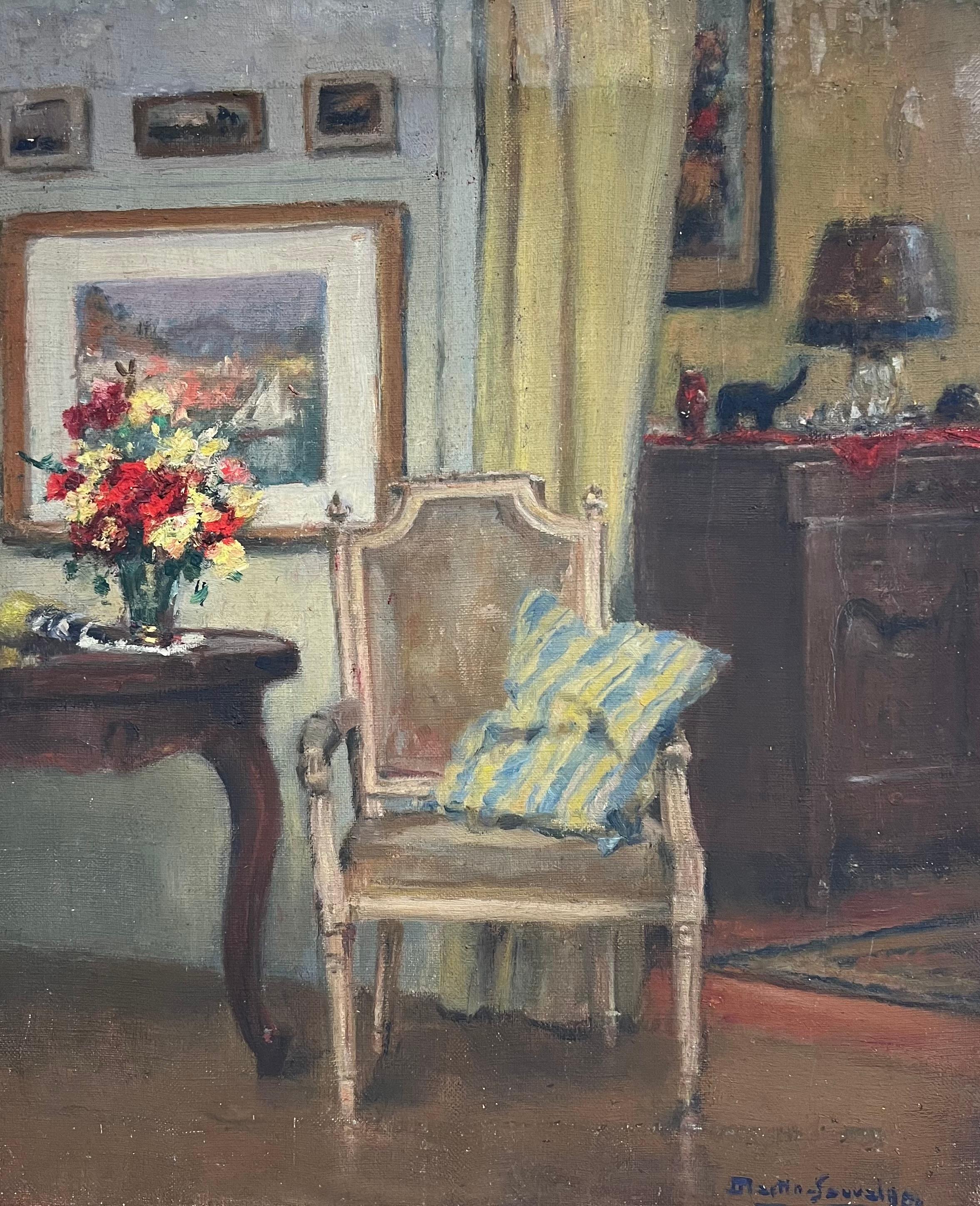 Charles Martin-Sauvaigo Still-Life Painting - Elegant French Salon Interior with Antique Armchair and Flowers Oil Painting