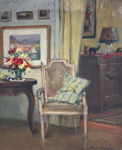 Élégant intérieur de salon français avec fauteuil ancien et fleurs peint à l'huile