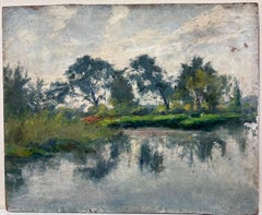Belle peinture à l'huile impressionniste française ancienne signée représentant un beau paysage fluvial