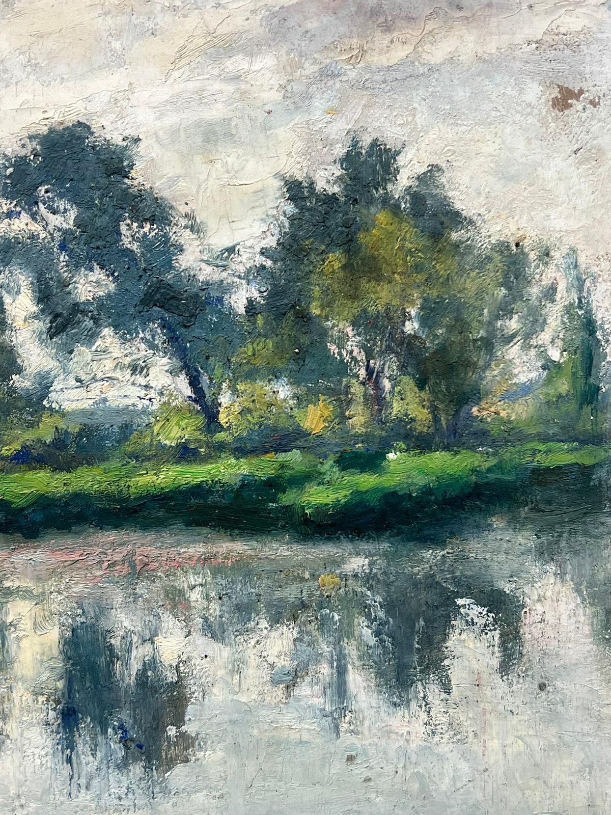 Fine Antique French Impressionist Signed Oil Painting Beautiful River Landscape - Gray Landscape Painting by Charles Martin-Sauvaigo