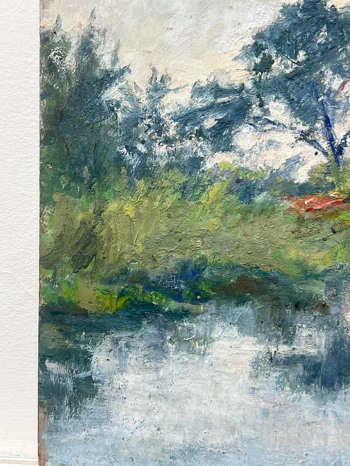 River Landscape
by Charles Martin-Sauvaigo (French 1881-1970) * see notes below
French Impressionist painter 
oil painting on wooden panel
unframed
size: 13 x 16 inches
condition: very original and untouched in years, as such there are large areas