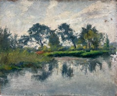 Belle peinture à l'huile impressionniste française ancienne signée représentant un beau paysage fluvial